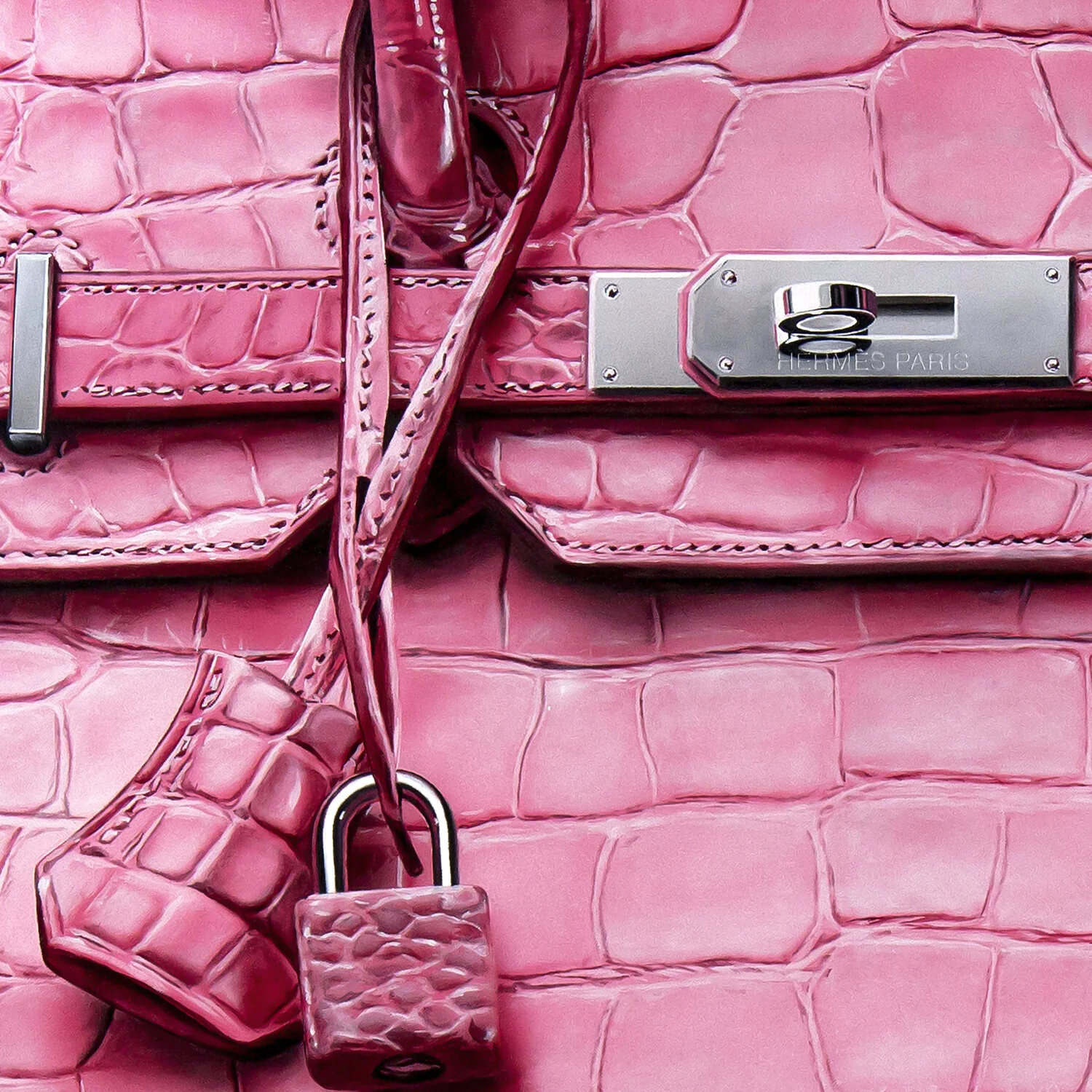 Close-up of a pink crocodile-embossed leather handbag with a lock and key, featuring a matching pink strap and hardware, all branded with 'Hermes Paris'.