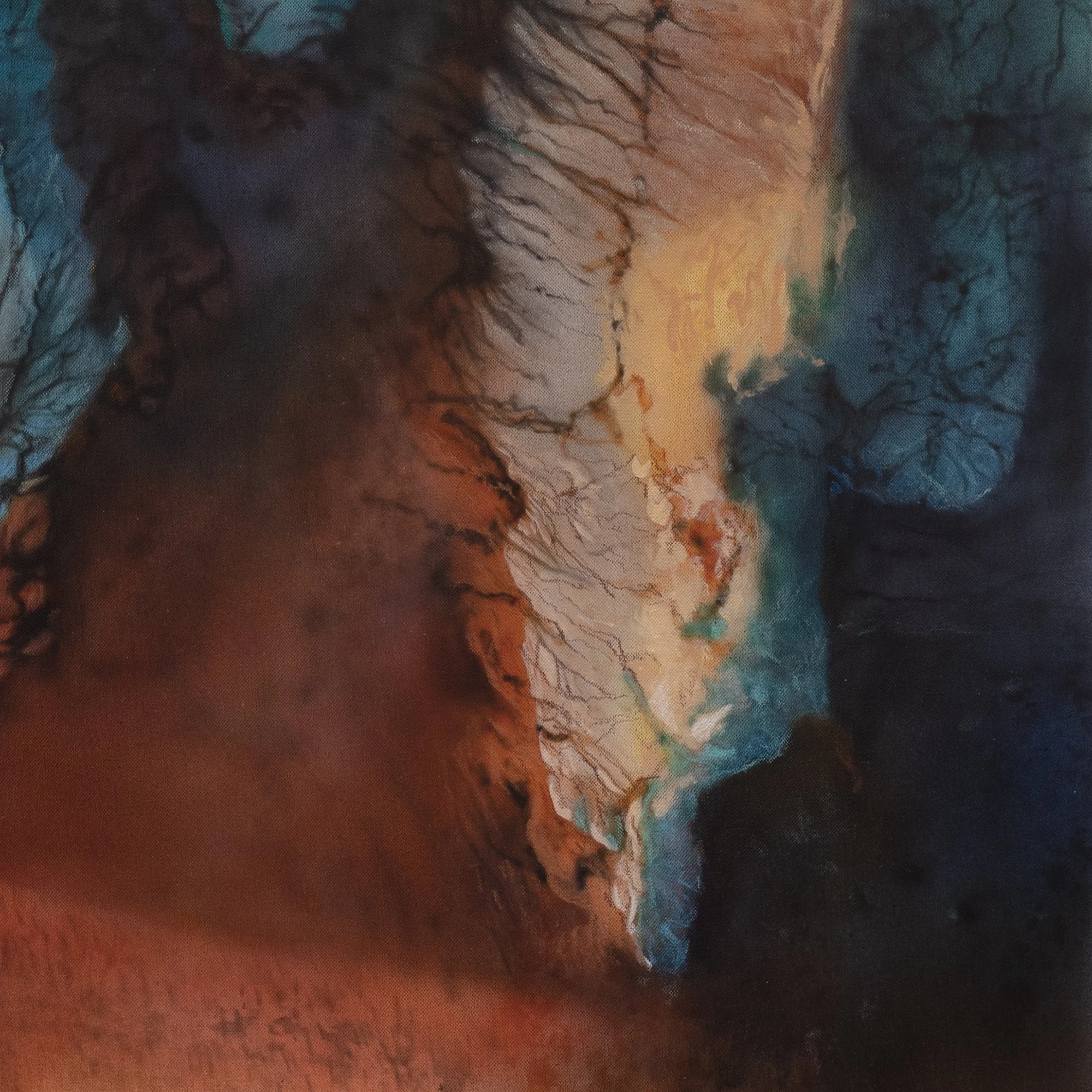 Badlands 2 by Johannes Wessmark, an aerial desert landscape with eroded ochre ridges, rust-coloured gullies and blue shadows.