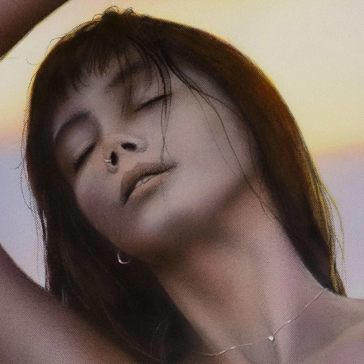 Pura Vida 2 by Johannes Wessmark, a nude woman with raised arms against a soft blue and violet sunset.