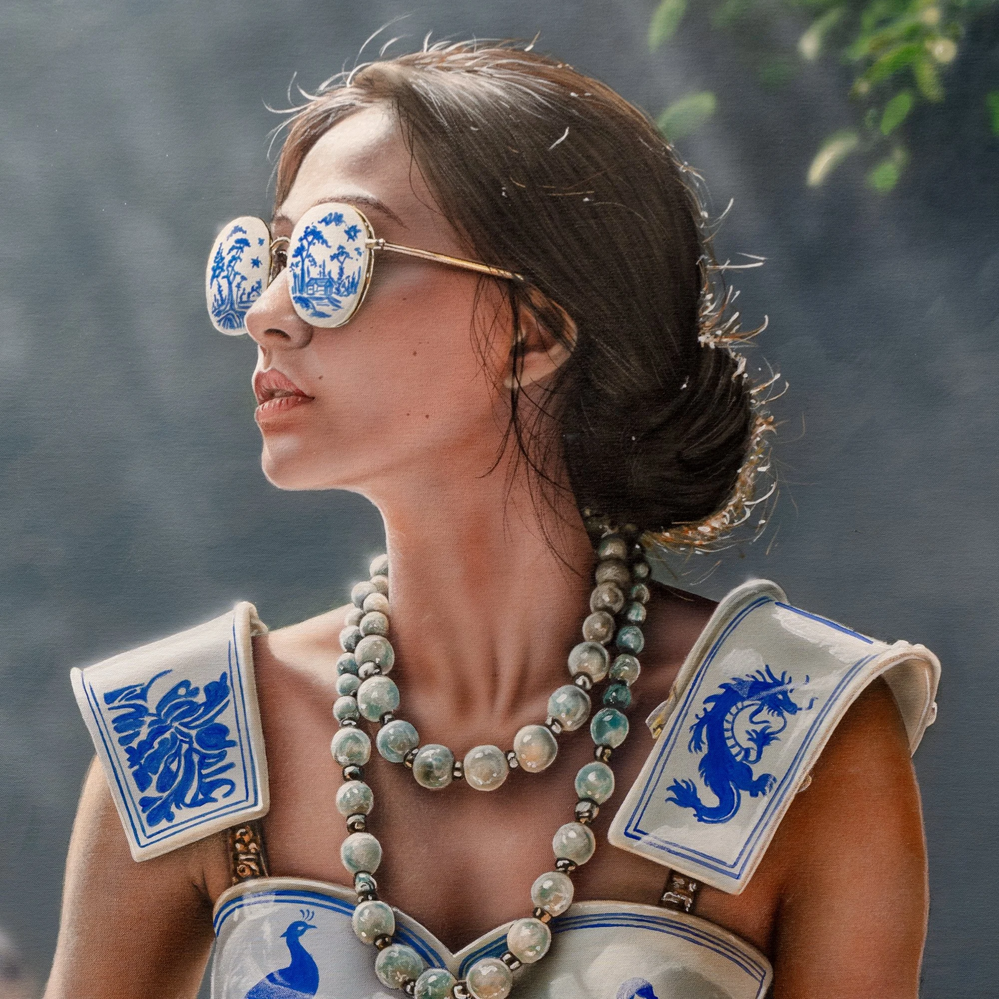 Qinghua I — Fragile Armour by Johannes Wessmark, a seated woman wearing blue-and-white porcelain armour among ceramic vessels.