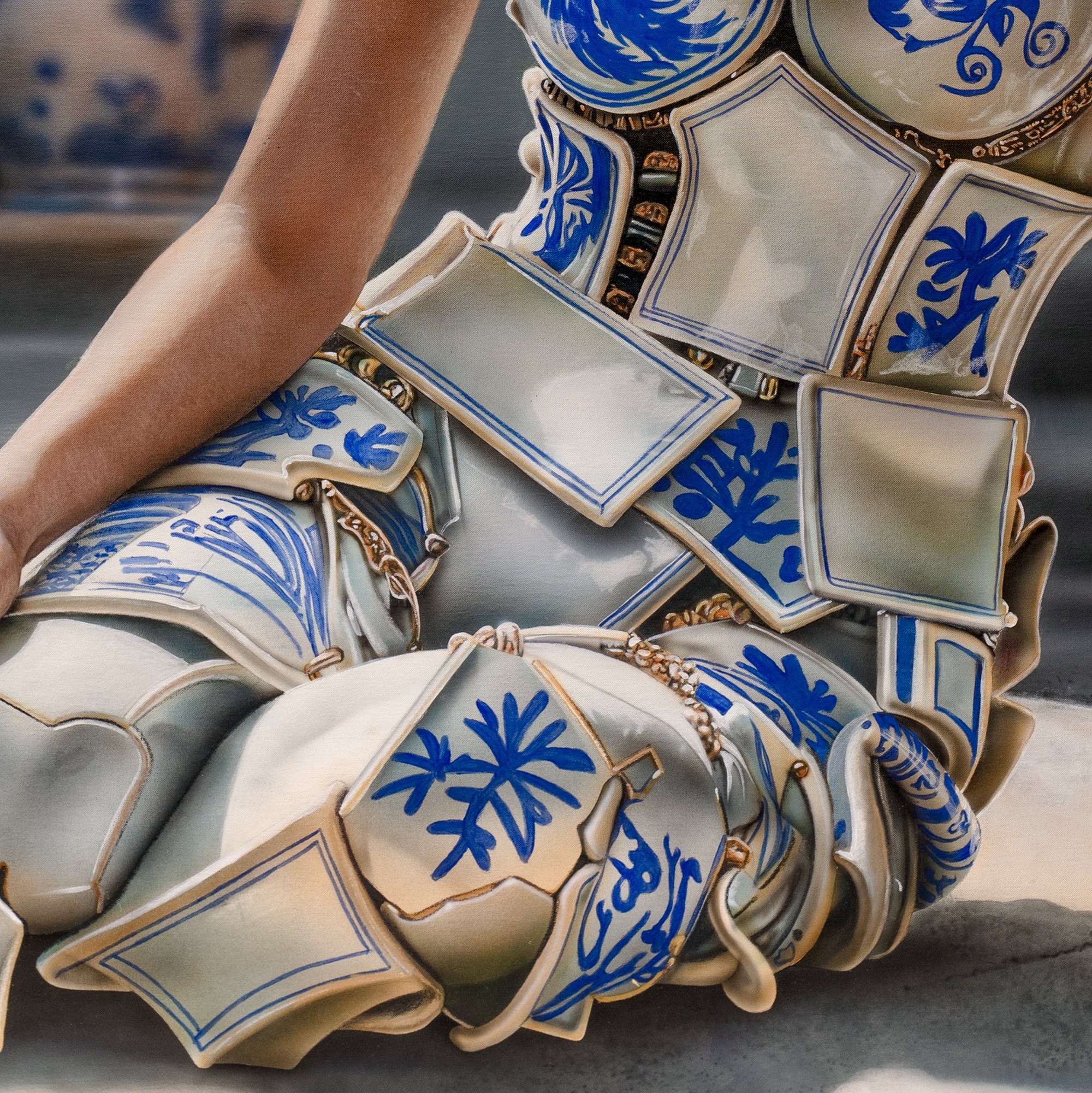 Qinghua I — Fragile Armour by Johannes Wessmark, a seated woman wearing blue-and-white porcelain armour among ceramic vessels.