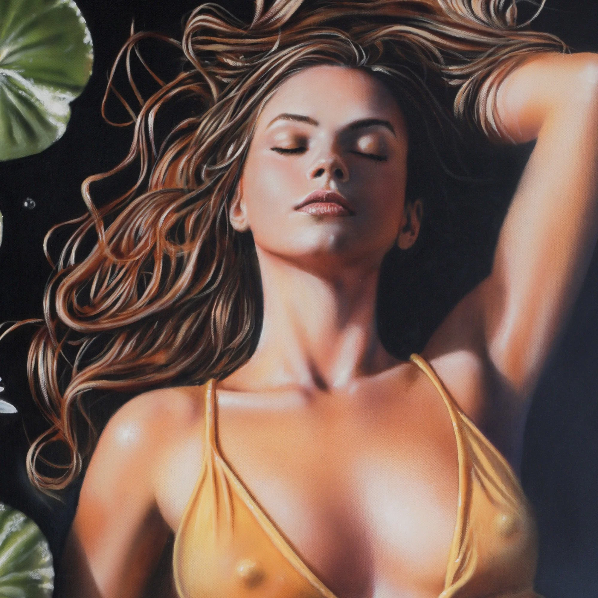 Lily by Johannes Wessmark, a woman in a golden dress floating in dark water among green lily pads and white water lilies.