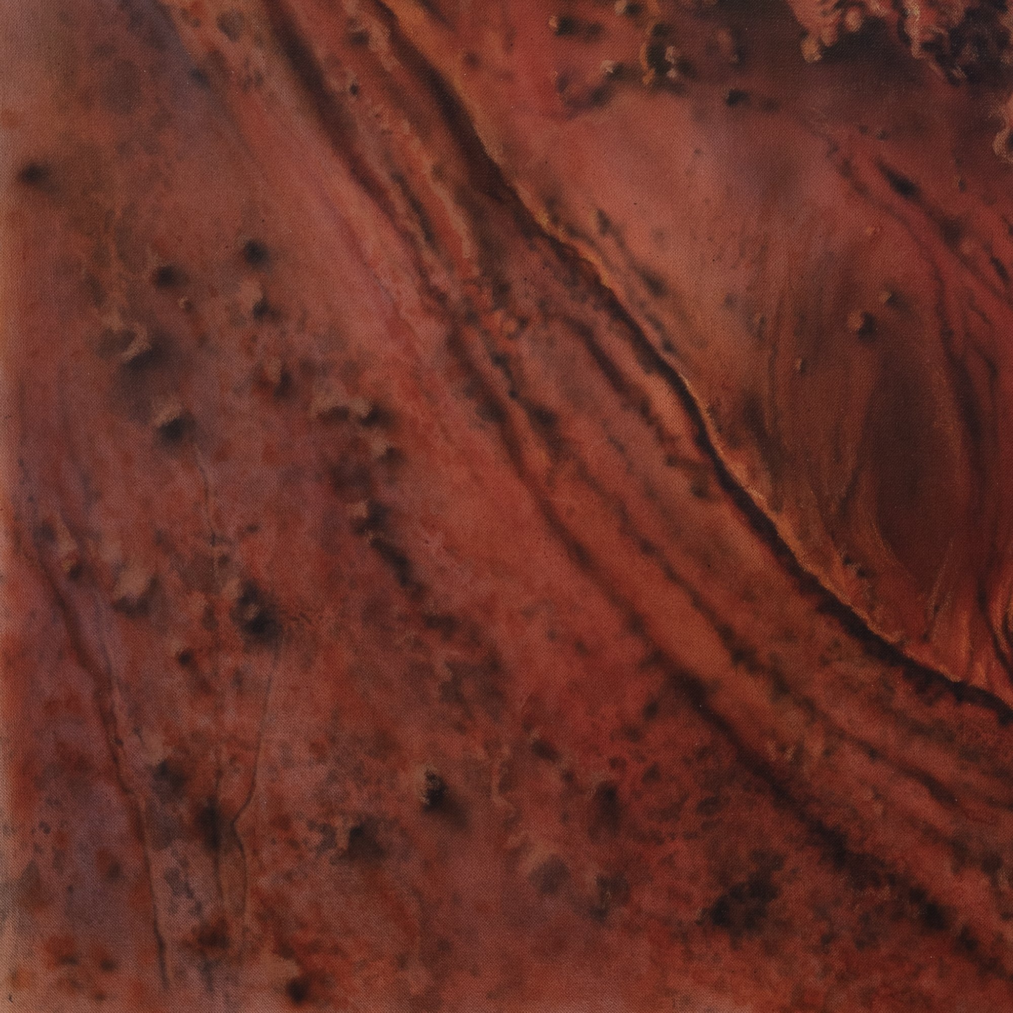 Badlands 2 by Johannes Wessmark, an aerial desert landscape with eroded ochre ridges, rust-coloured gullies and blue shadows.