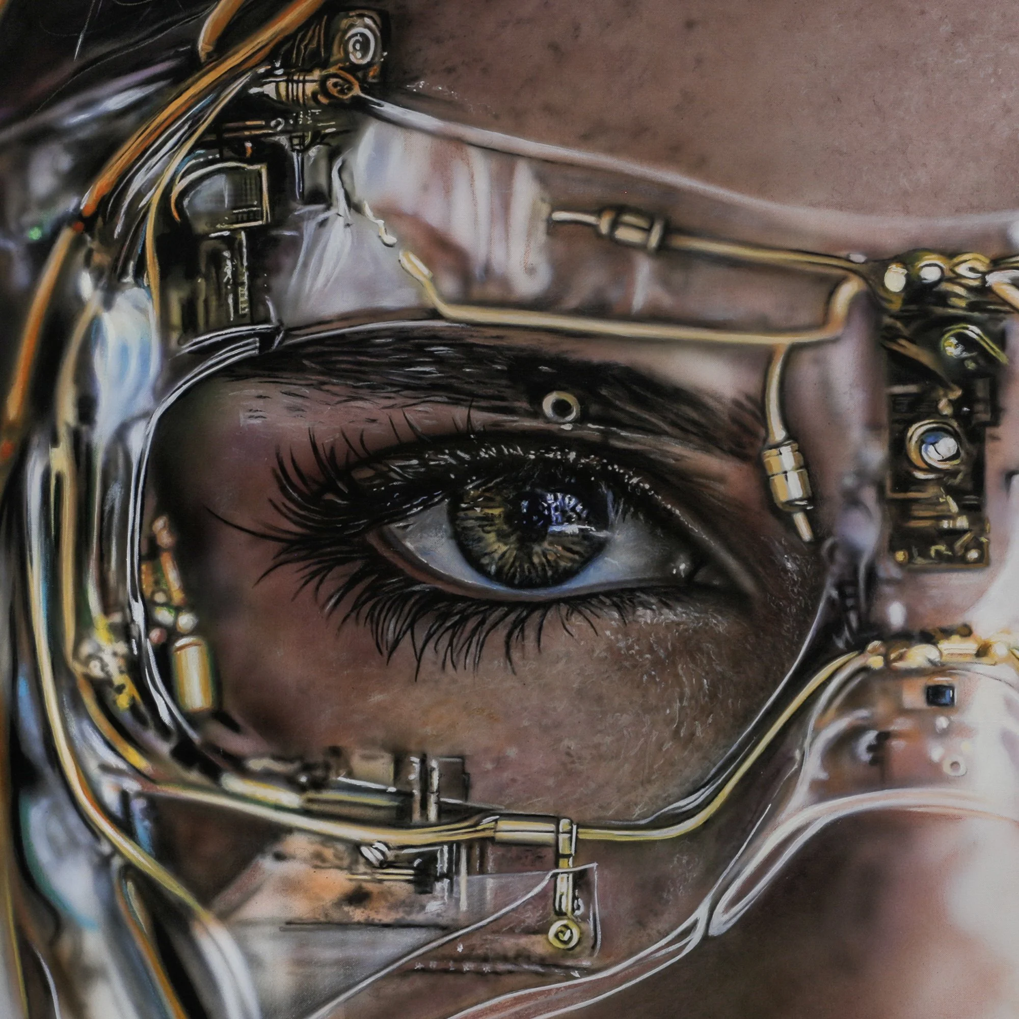My New Glasses by Johannes Wessmark, a close-up portrait of a woman wearing transparent mechanical eyewear with metallic fittings.