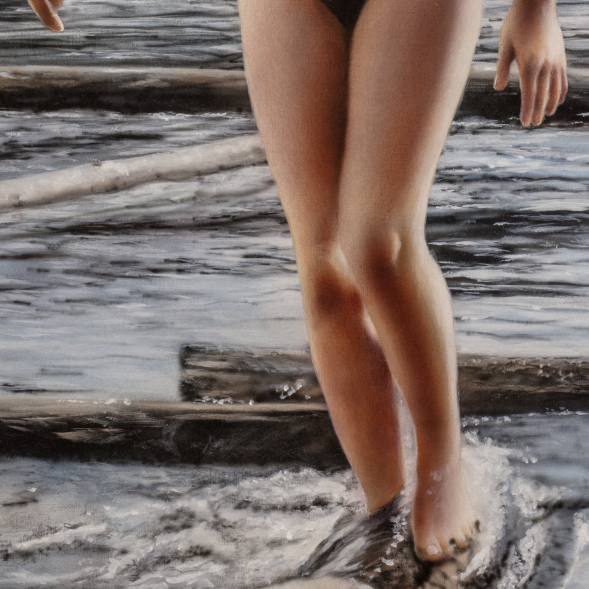 Balans by Johannes Wessmark, a nude woman balancing on a floating log with water, timber and a wooded hillside behind her. One of the paintings Zorn never painted, even if he took the reference photo.
