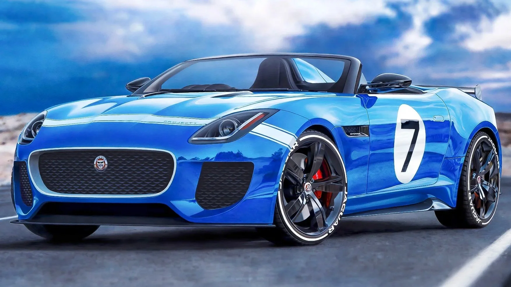 A blue Jaguar sports car with racing stripes and a number 7 decal, parked on a road with a cloudy sky background.