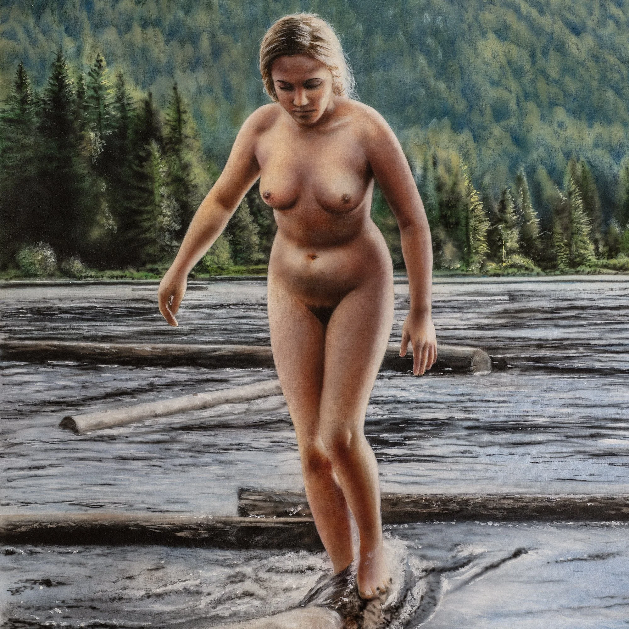 Balans by Johannes Wessmark, a nude woman balancing on a floating log with water, timber and a wooded hillside behind her. One of the paintings Zorn never painted, even if he took the reference photo.