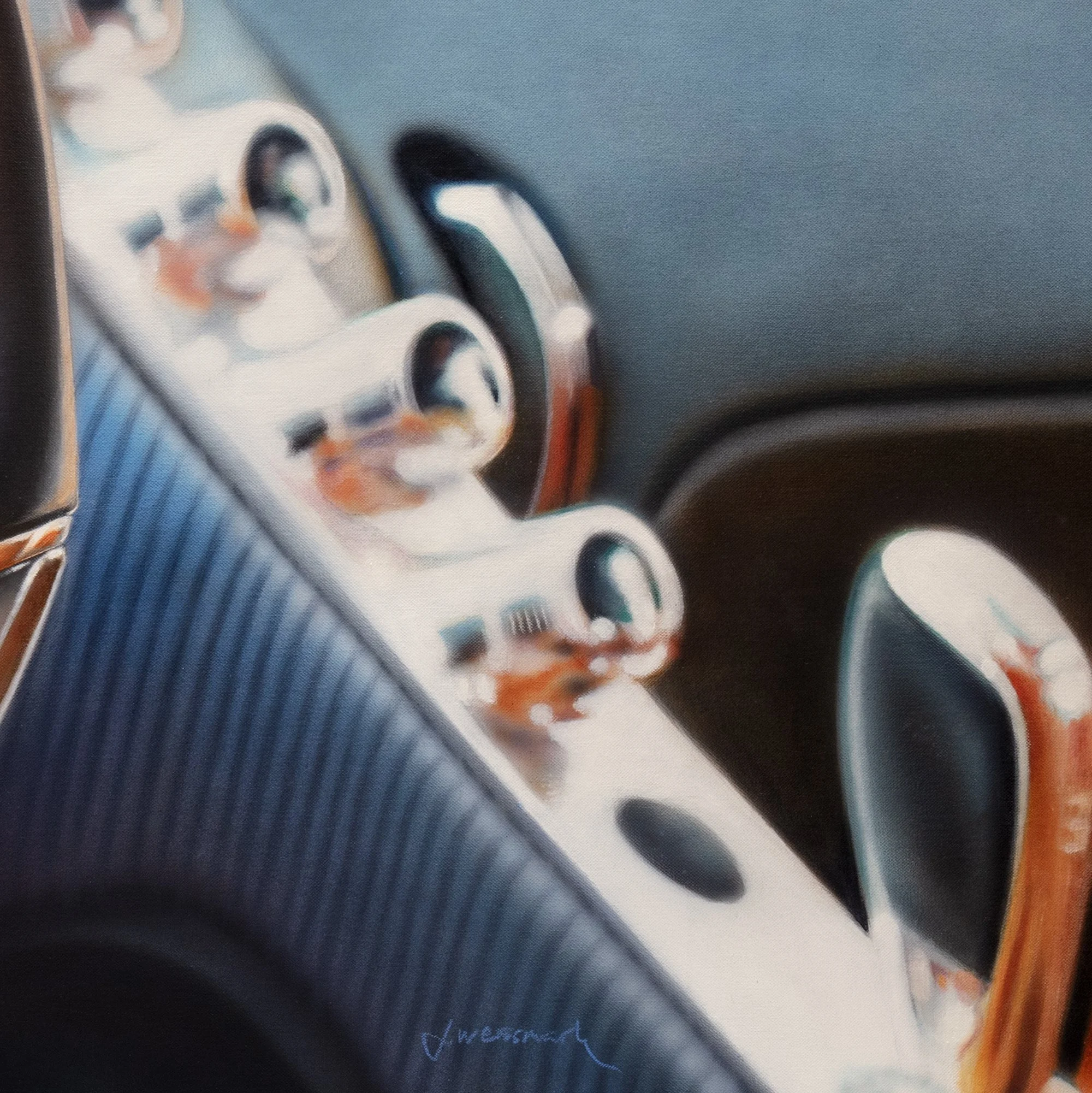 Bugatti Chiron by Johannes Wessmark, a detailed painting of the car's steering wheel, Bugatti emblem, dashboard and leather interior.