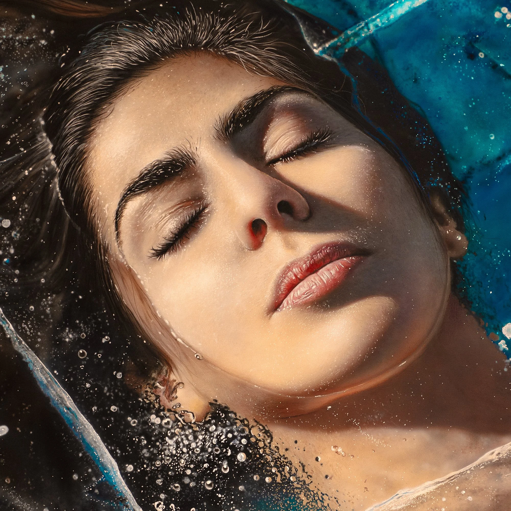 Waiting for Summer 1 by Johannes Wessmark, a woman with closed eyes and a hand across her chest beneath cracked turquoise ice.