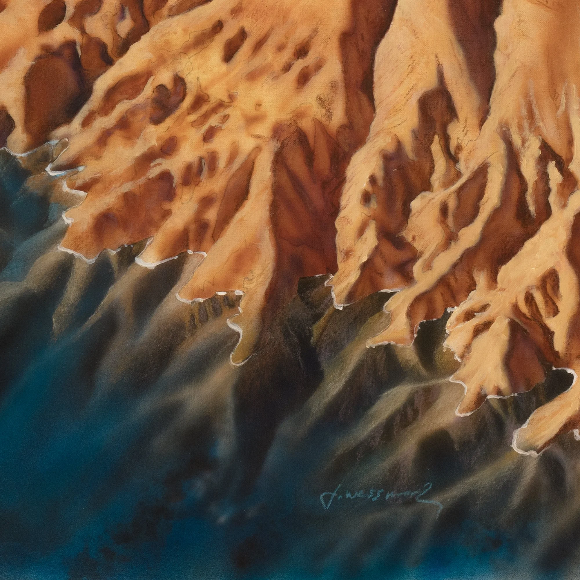 Coast Guard 2 by Johannes Wessmark, sunlit orange cliffs with deep blue shadows and a small spacecraft flying above the ridges.