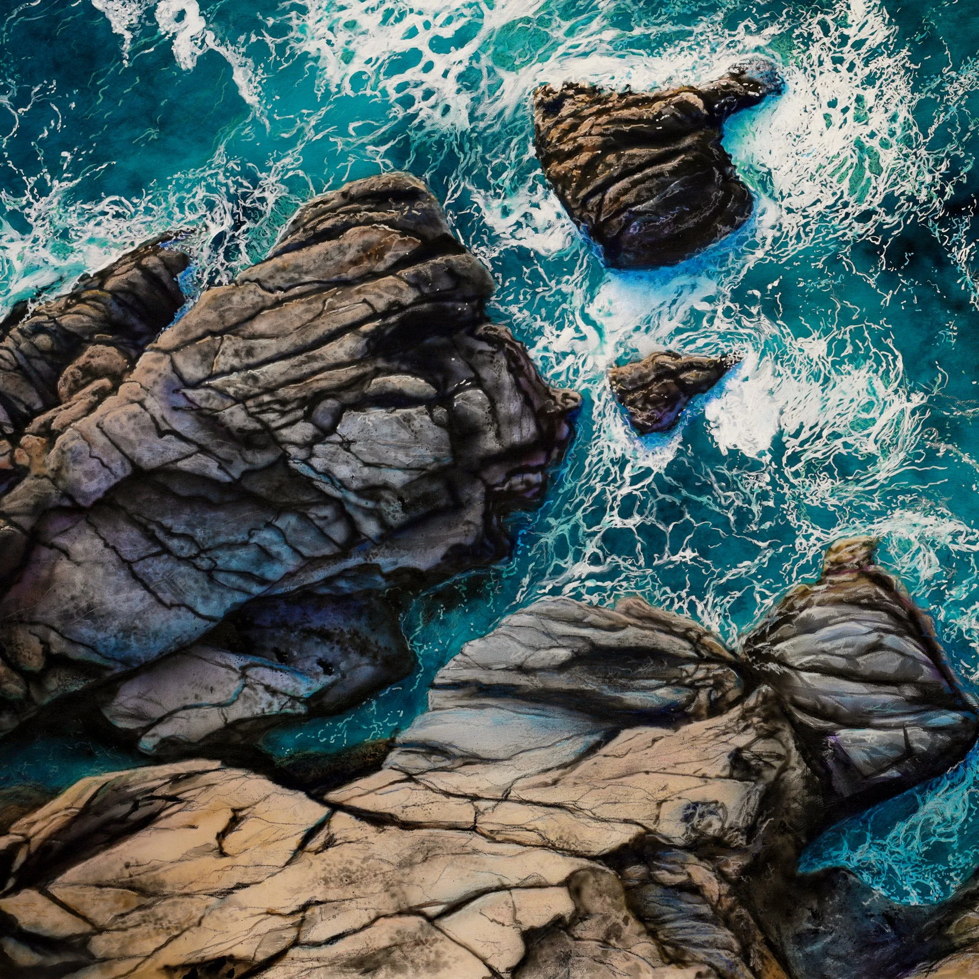Meeting of Elements by Johannes Wessmark, an overhead coastal scene with white surf breaking around rugged rocks in turquoise water.