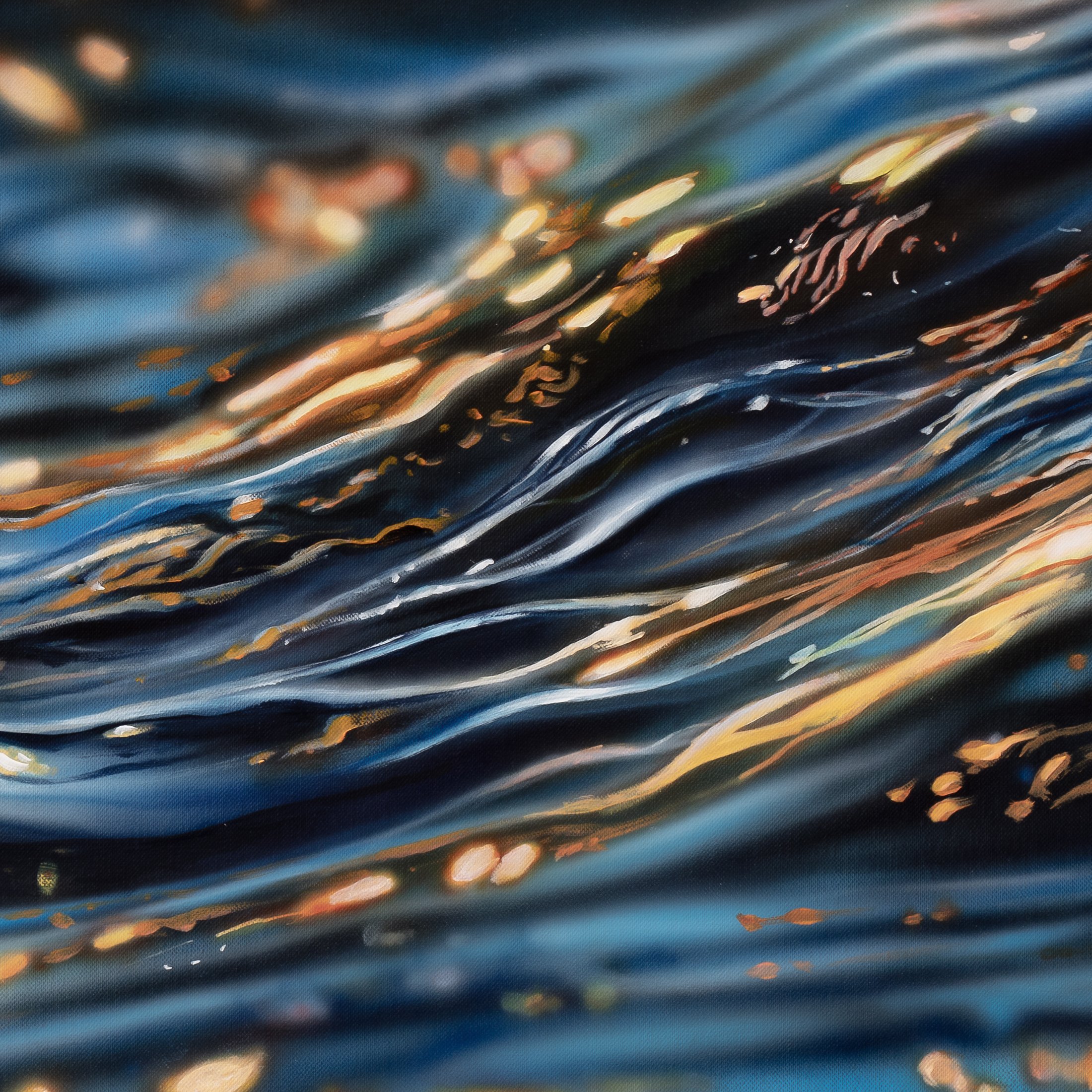 Liquid Nocturne I — Afterglow by Johannes Wessmark, a close view of dark blue water ripples carrying warm golden reflections.