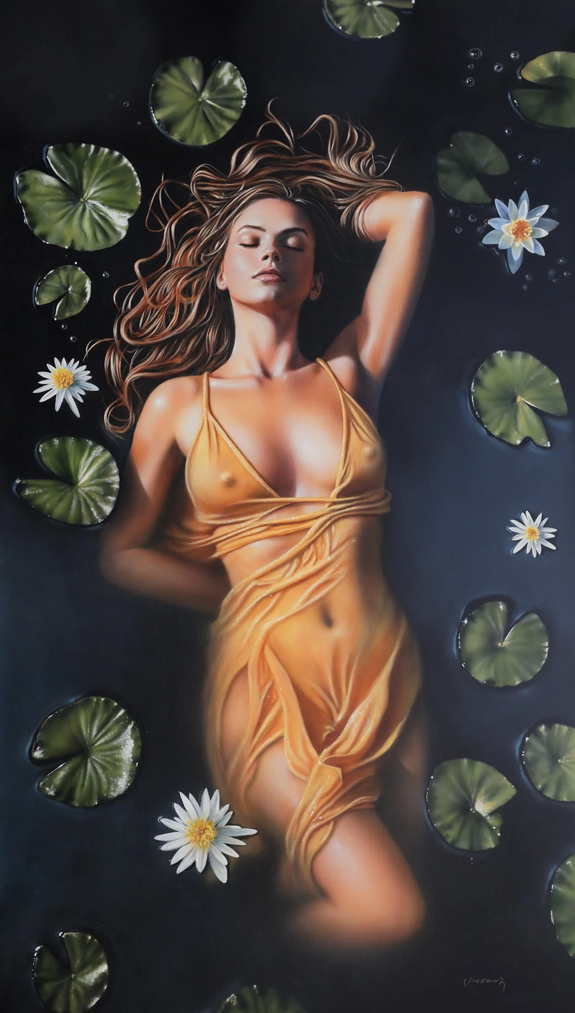 Lily by Johannes Wessmark, a woman in a golden dress floating in dark water among green lily pads and white water lilies.