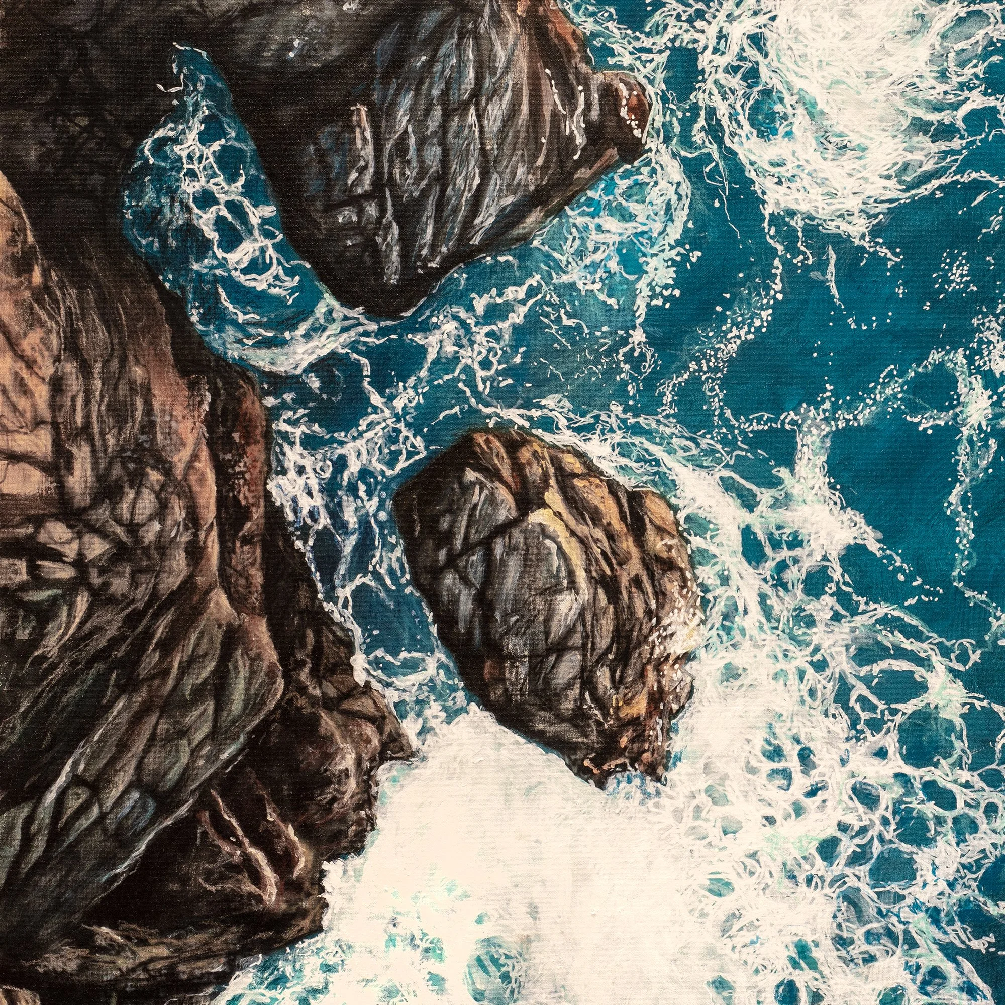 Coast Guard 1 by Johannes Wessmark, An X-Wing flying over turquoise sea beside a rocky coast and breaking white surf.