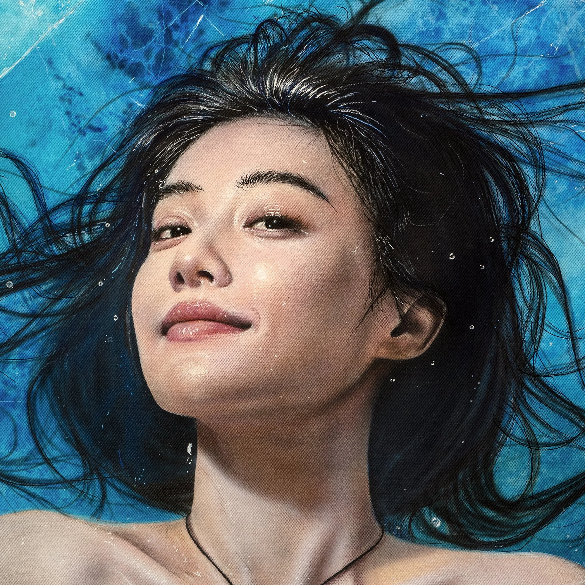 Waiting for Summer 2 by Johannes Wessmark, a hyperrealist painting of a reclining woman behind cracked blue ice.