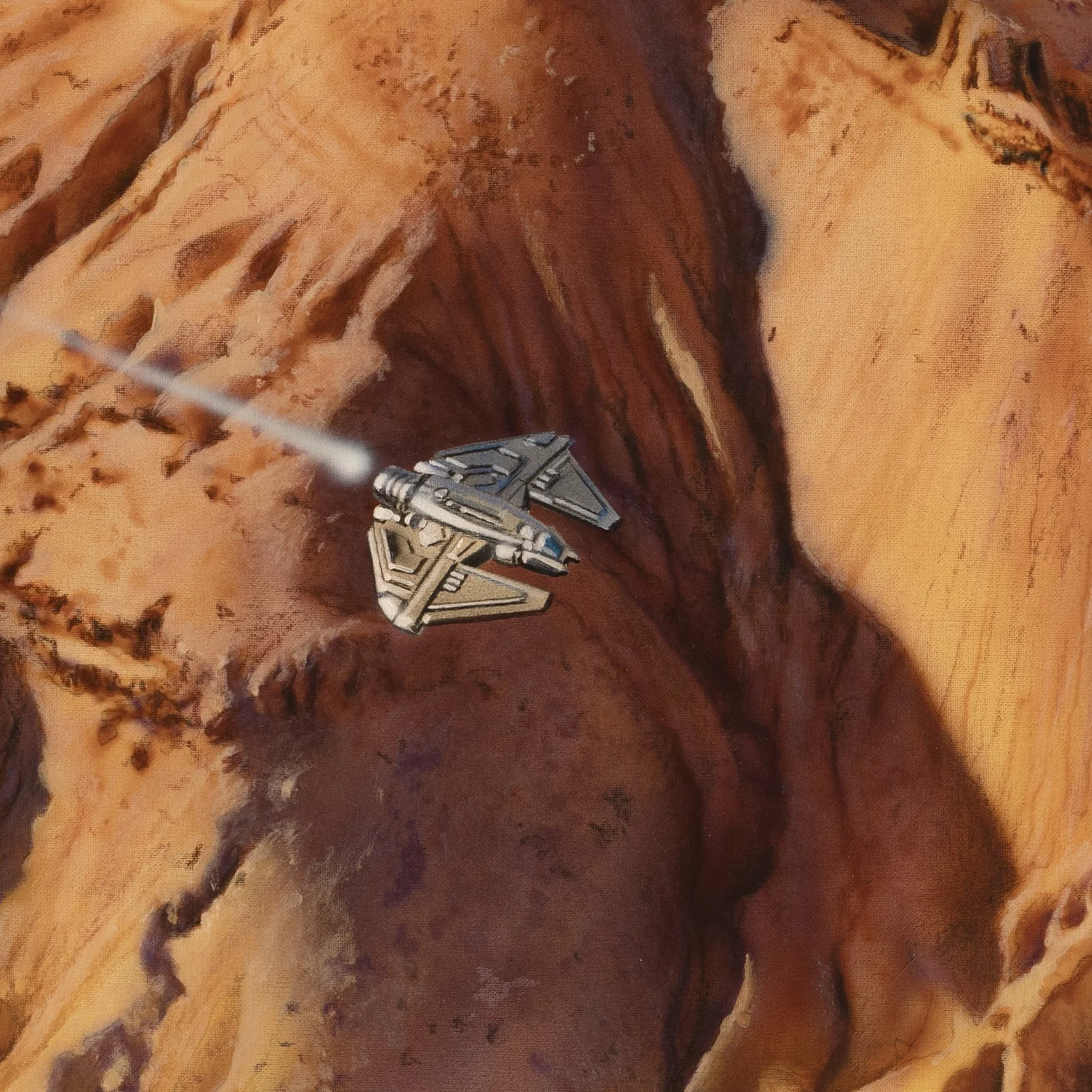 Coast Guard 2 by Johannes Wessmark, sunlit orange cliffs with deep blue shadows and a small spacecraft flying above the ridges.