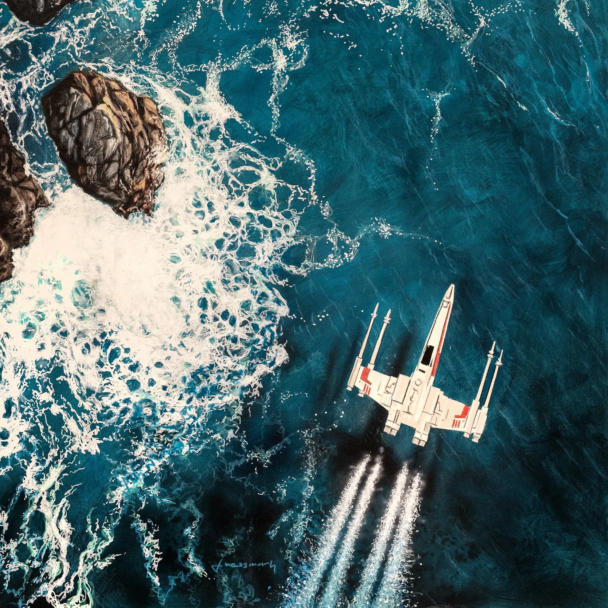 Coast Guard 1 by Johannes Wessmark, An X-Wing flying over turquoise sea beside a rocky coast and breaking white surf.