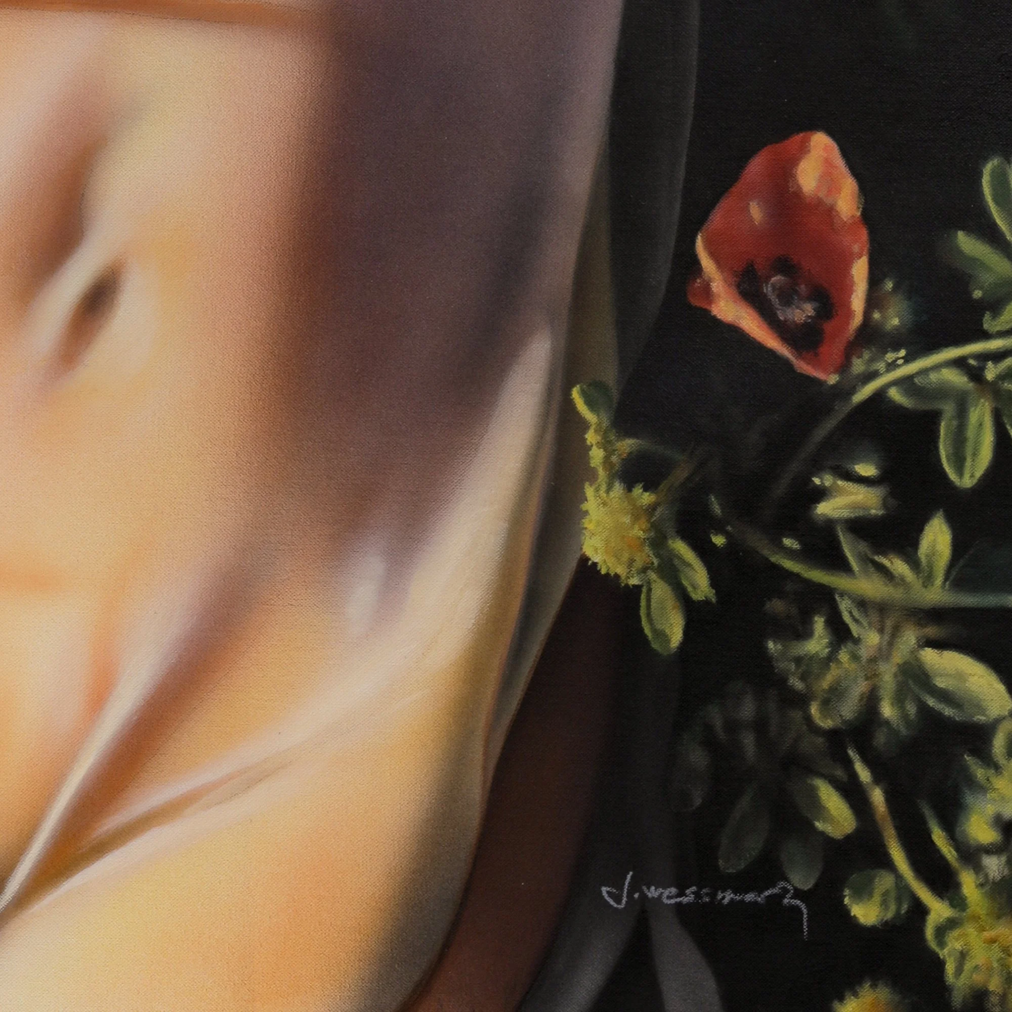 Mary by Johannes Wessmark, a woman in a pale dress lying among red poppies with her eyes closed and arms behind her head.
