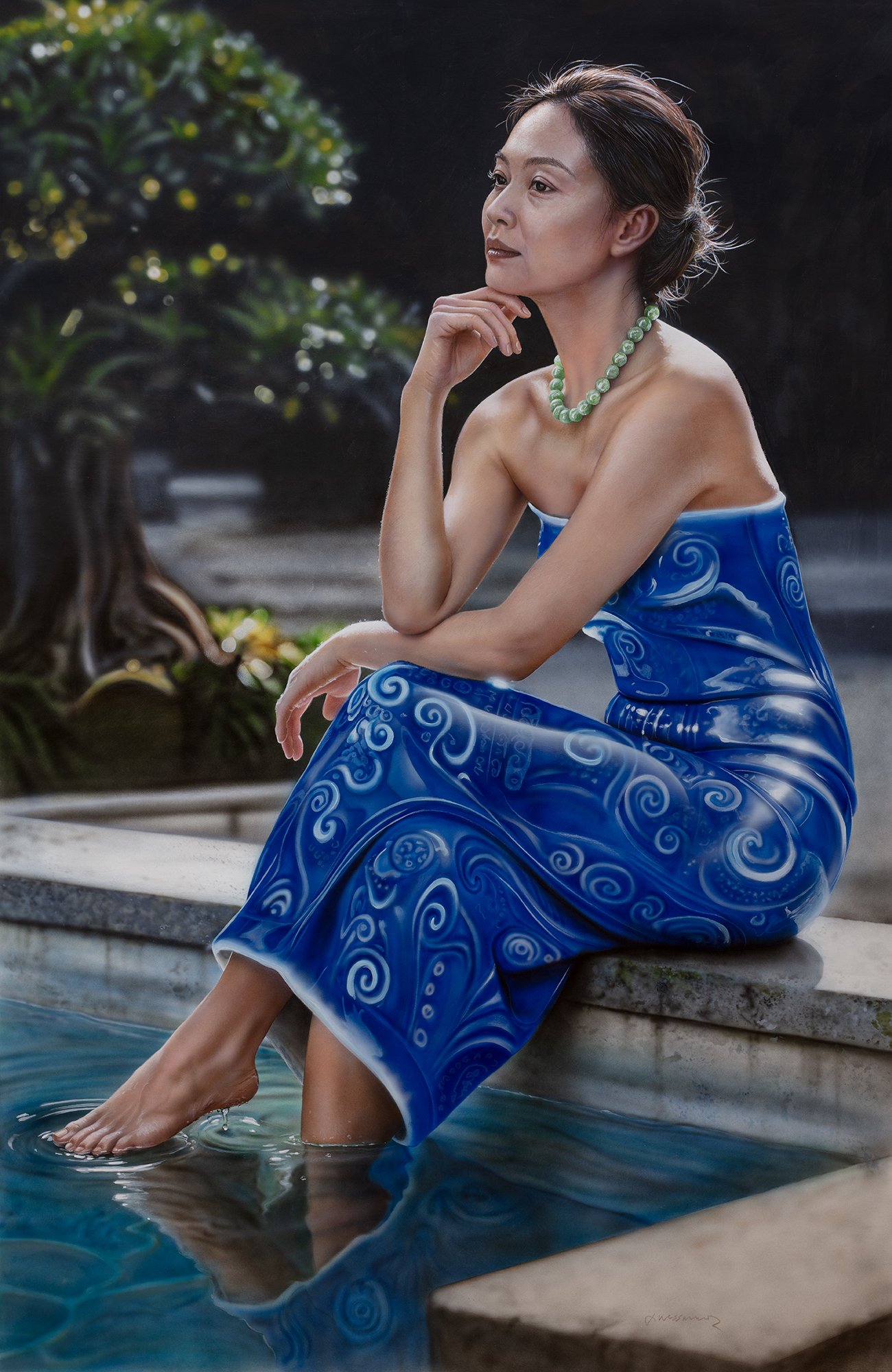 Qinghua II — Quiet Strength by Johannes Wessmark, a woman beside a pool in a blue garment with white porcelain patterns.