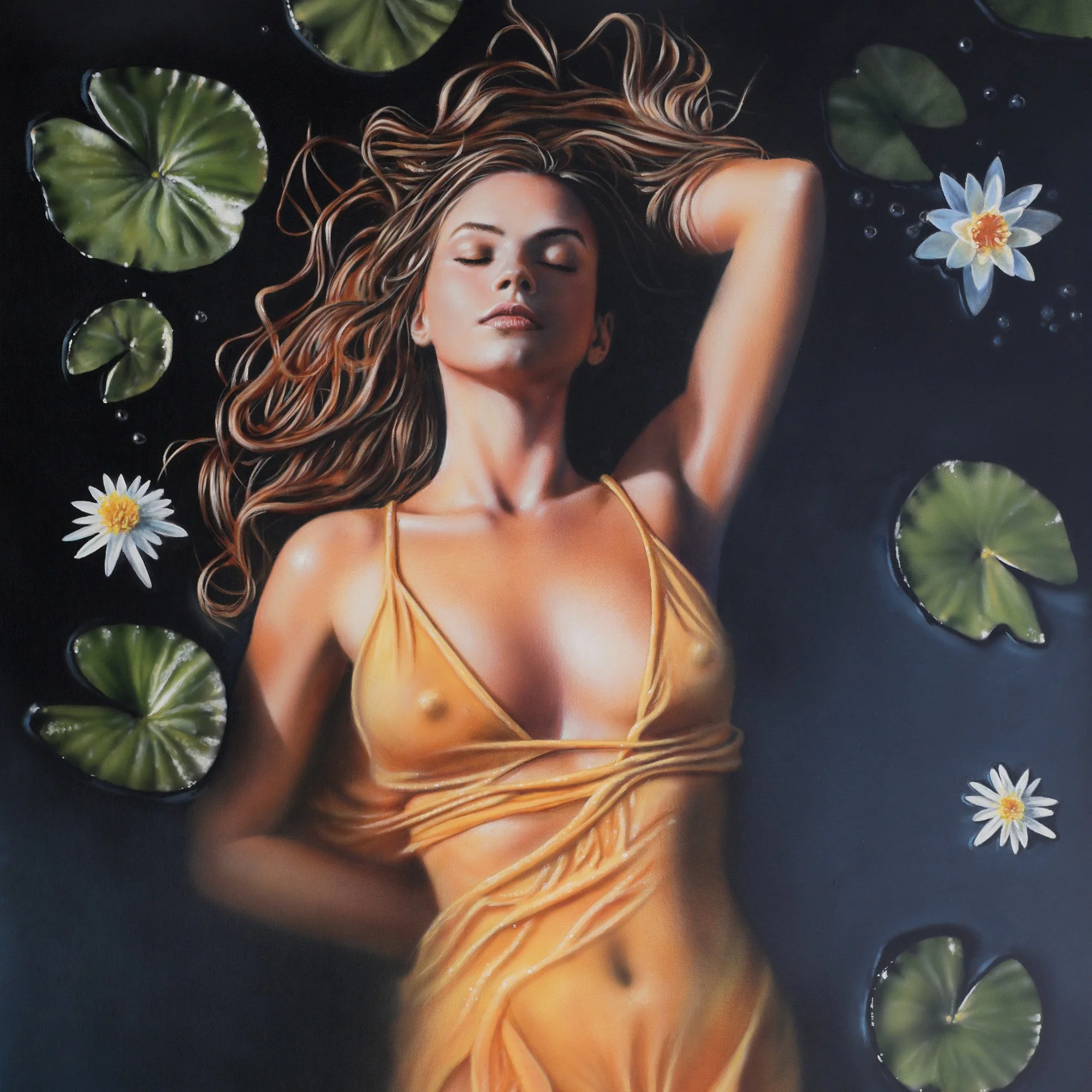 Lily by Johannes Wessmark, a woman in a golden dress floating in dark water among green lily pads and white water lilies.