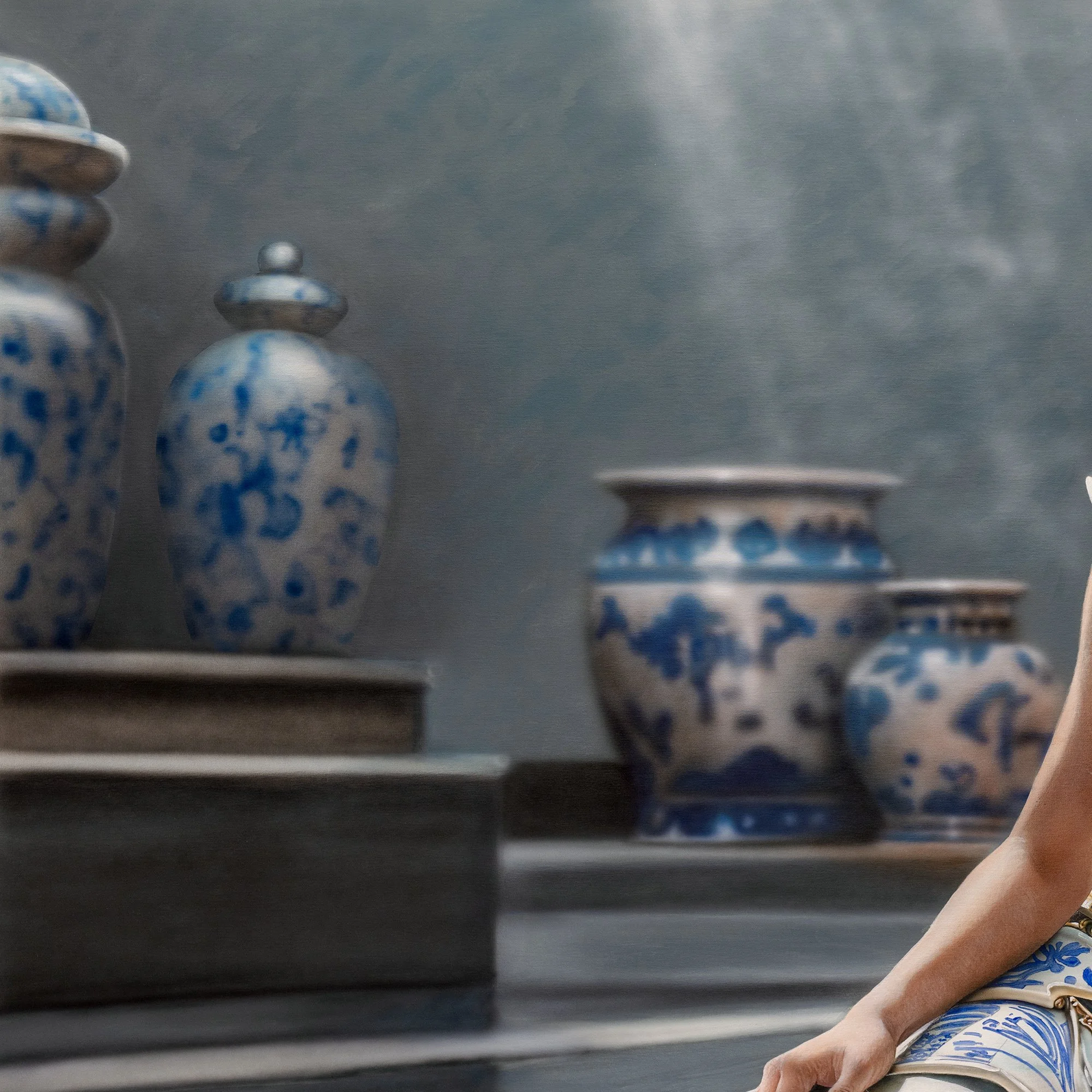 Qinghua I — Fragile Armour by Johannes Wessmark, a seated woman wearing blue-and-white porcelain armour among ceramic vessels.