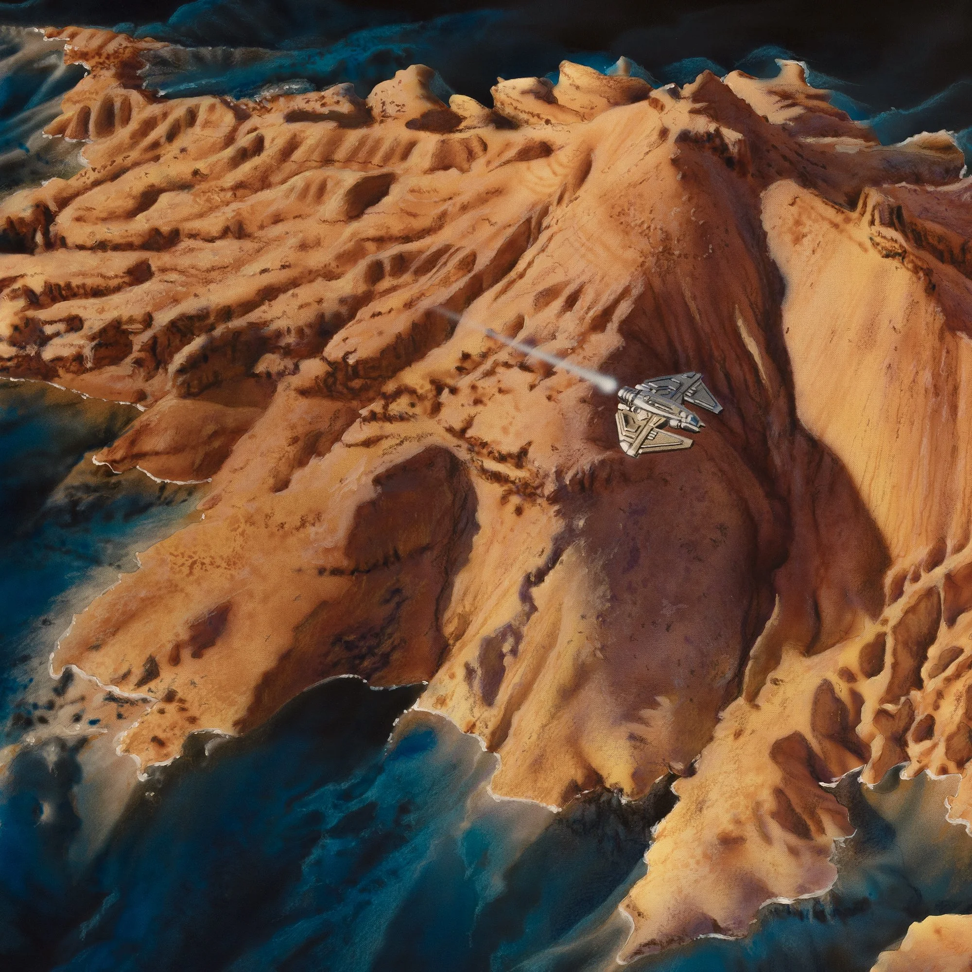 Coast Guard 2 by Johannes Wessmark, sunlit orange cliffs with deep blue shadows and a small spacecraft flying above the ridges.