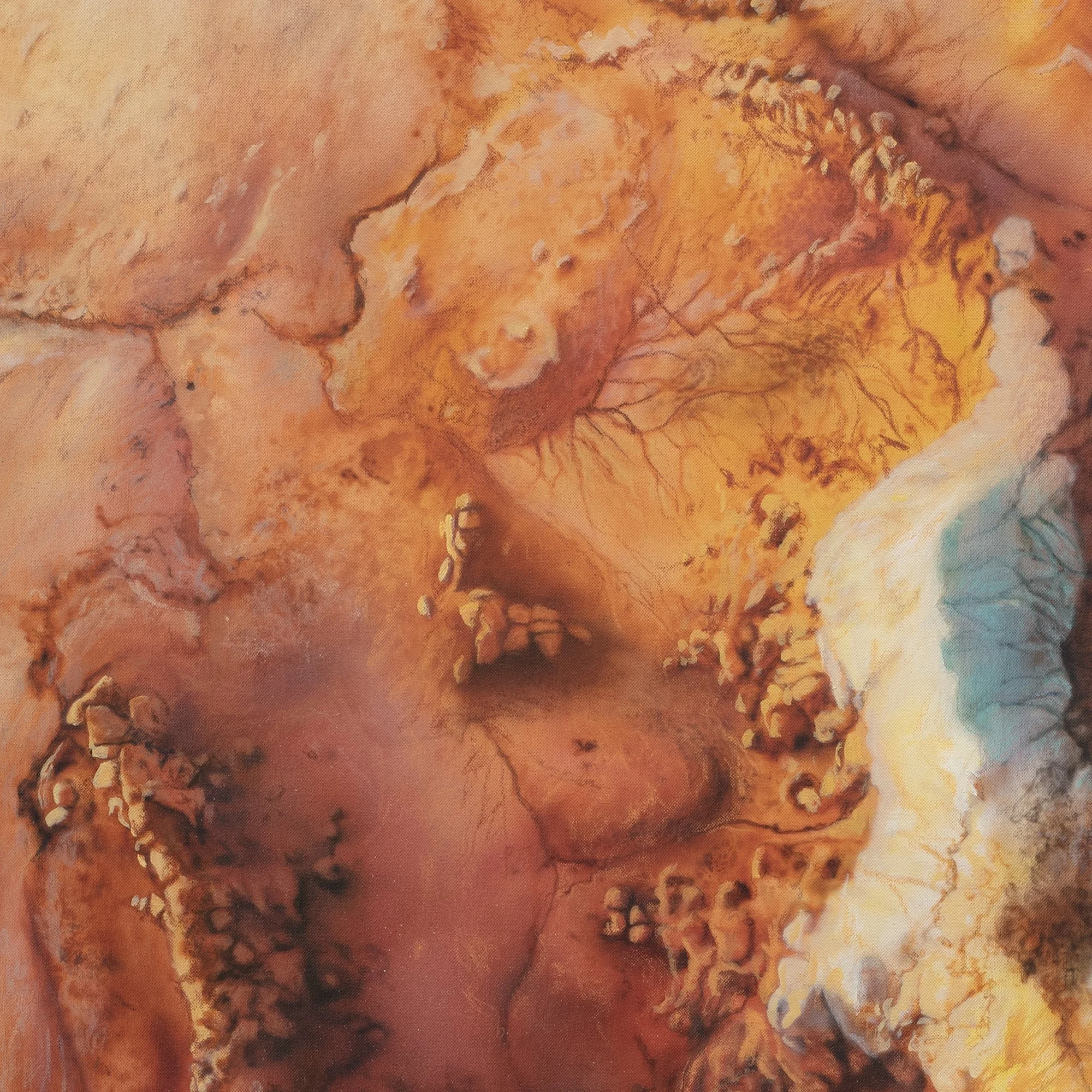 Badlands 2 by Johannes Wessmark, an aerial desert landscape with eroded ochre ridges, rust-coloured gullies and blue shadows.