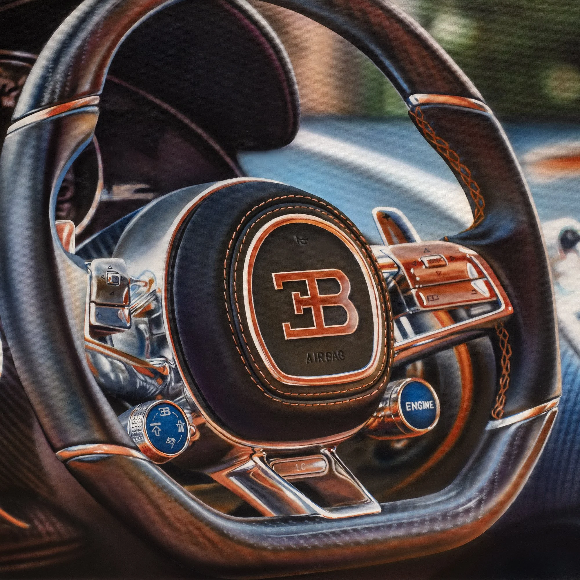 Bugatti Chiron by Johannes Wessmark, a detailed painting of the car's steering wheel, Bugatti emblem, dashboard and leather interior.pg