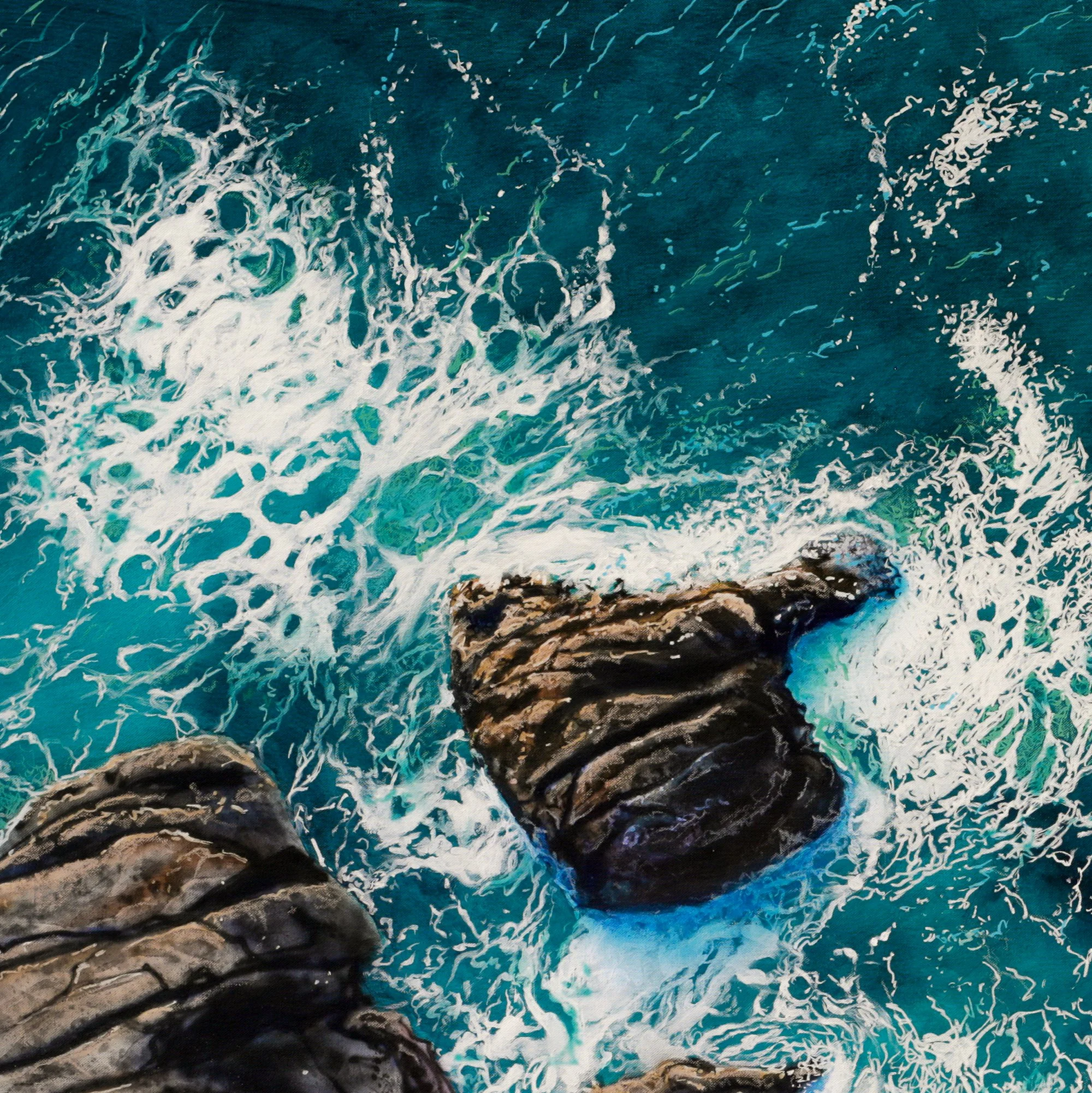 Meeting of Elements by Johannes Wessmark, an overhead coastal scene with white surf breaking around rugged rocks in turquoise water.