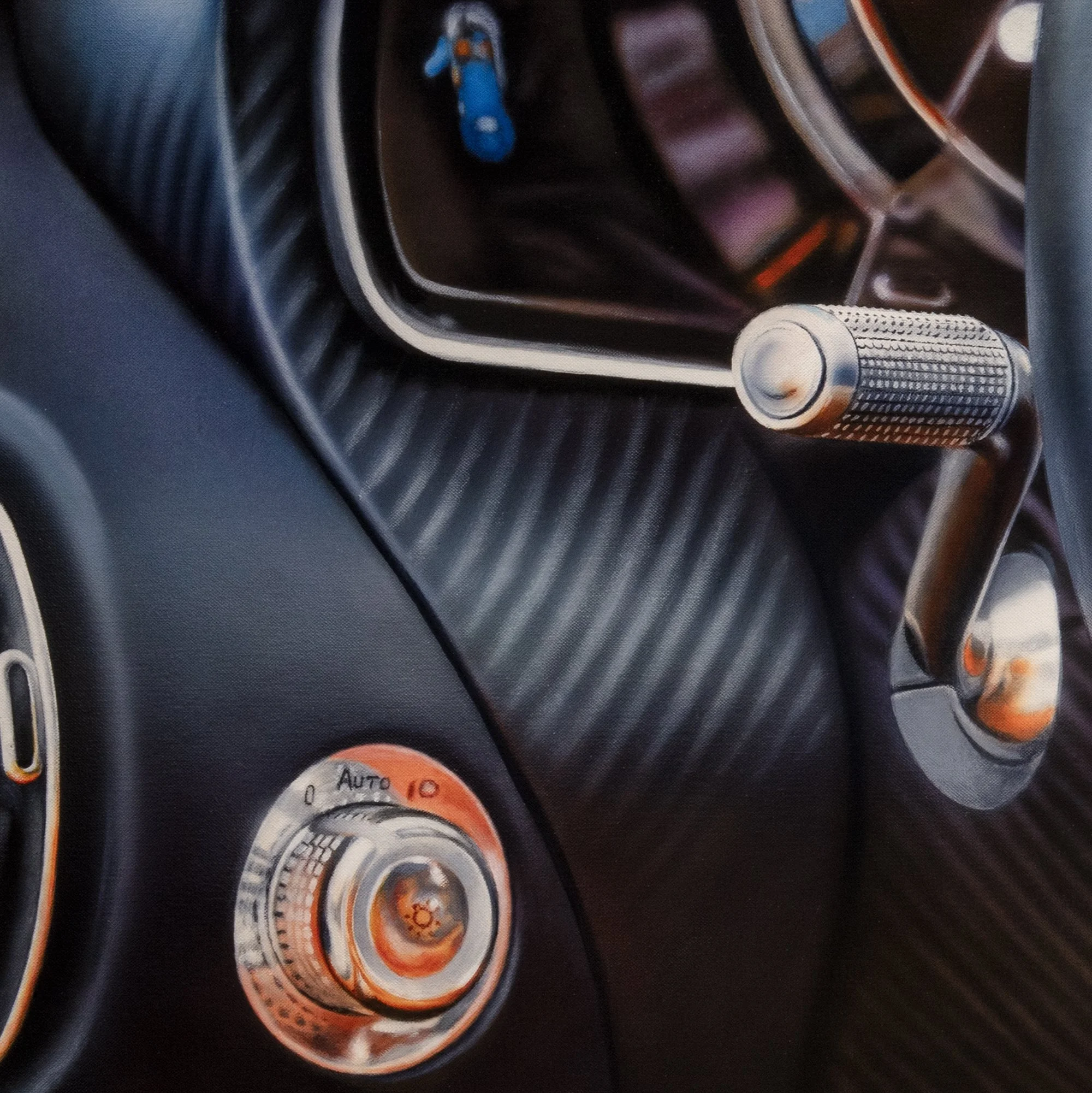 Bugatti Chiron by Johannes Wessmark, a detailed painting of the car's steering wheel, Bugatti emblem, dashboard and leather interior.