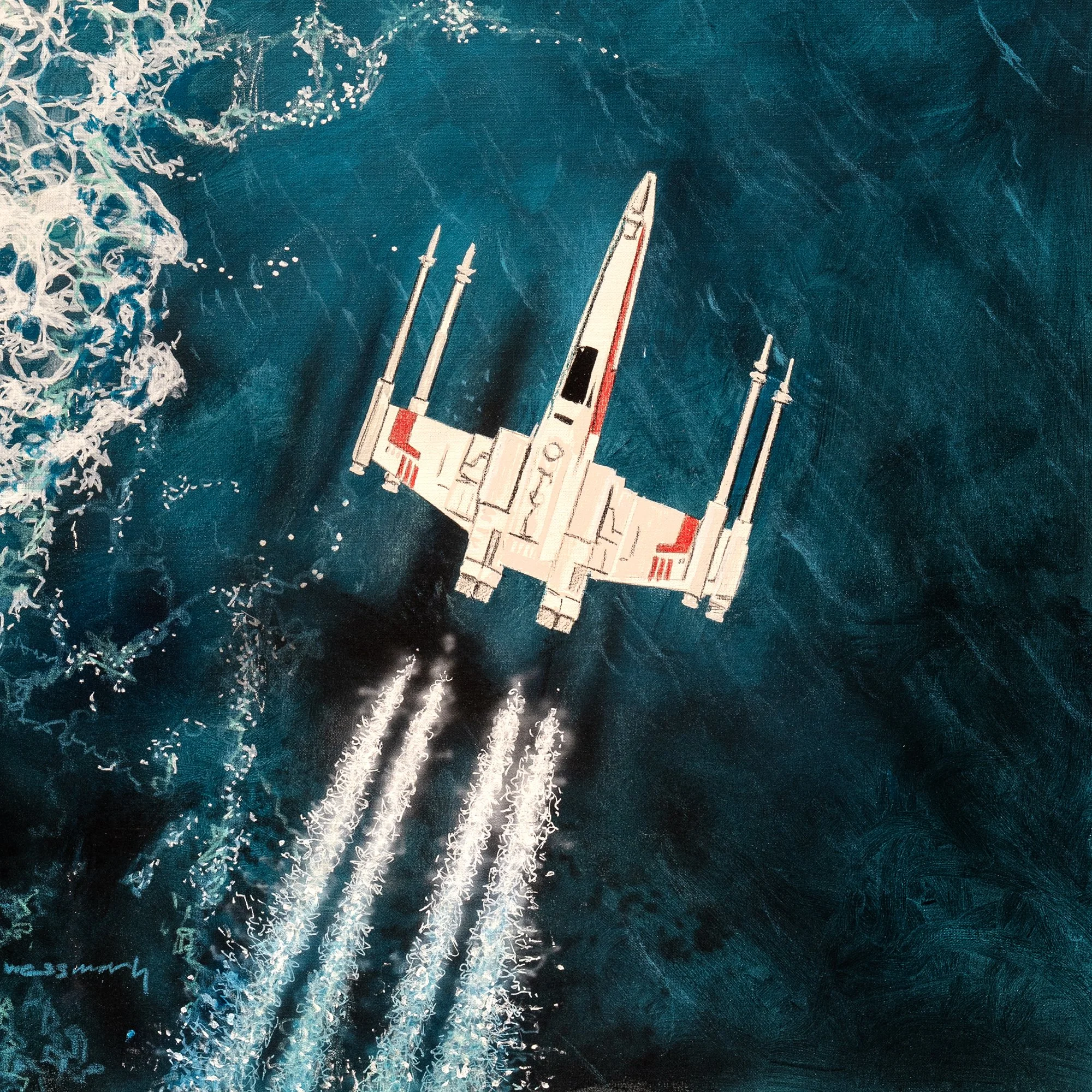 Coast Guard 1 by Johannes Wessmark, An X-Wing flying over turquoise sea beside a rocky coast and breaking white surf.