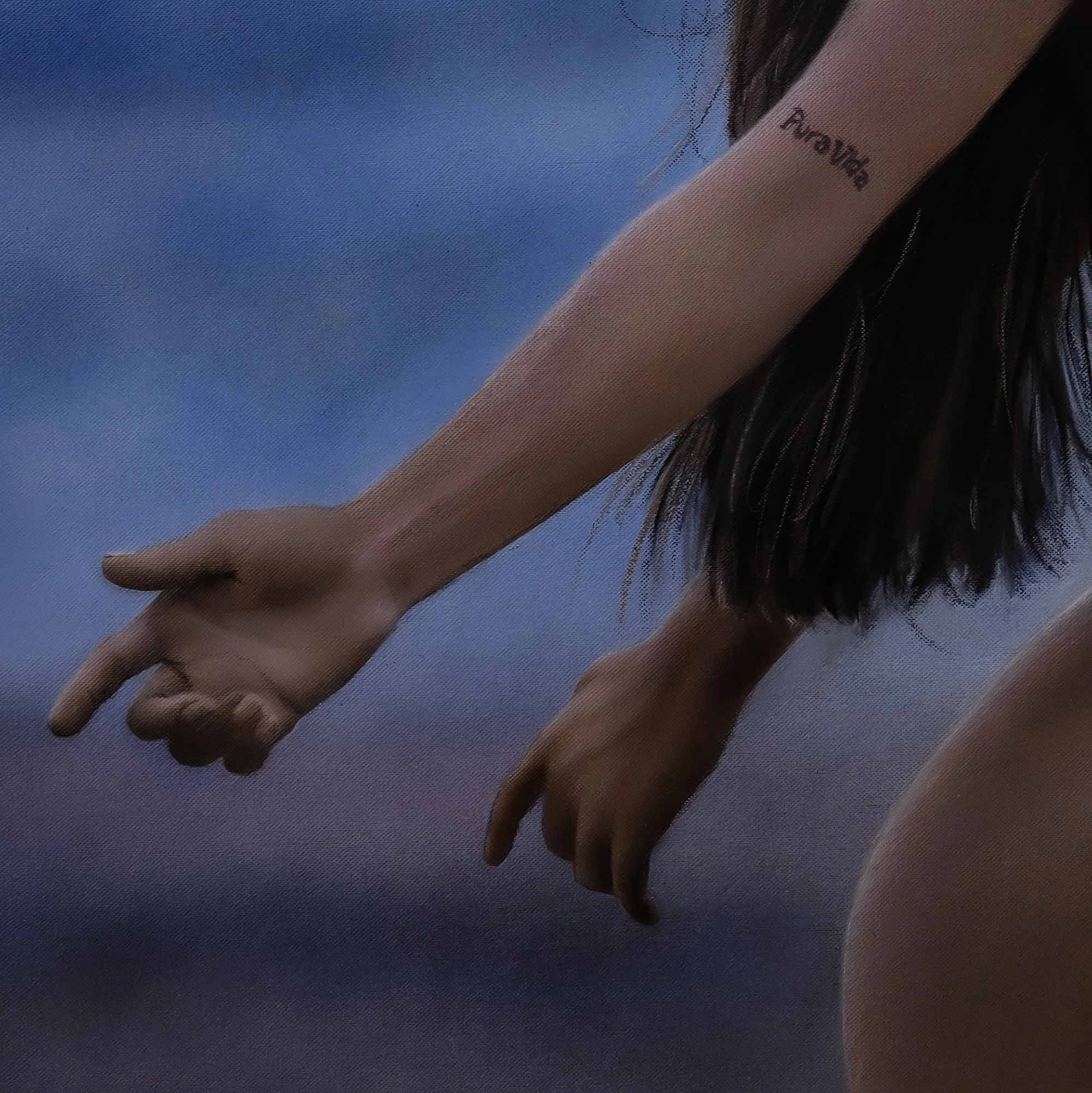 Pura Vida 1 by Johannes Wessmark, a nude woman in profile with her arms open beneath a blue and gold evening sky.