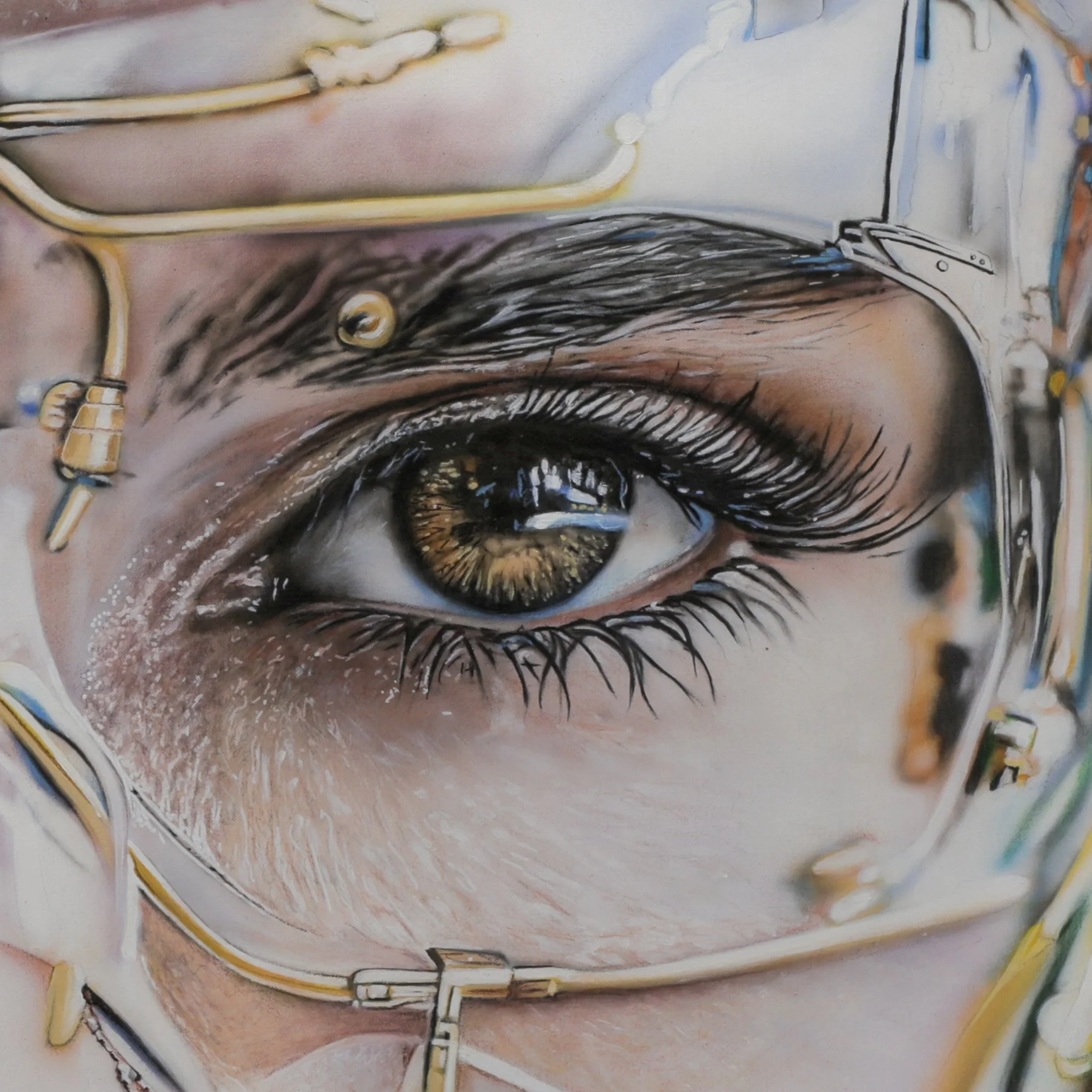My New Glasses by Johannes Wessmark, a close-up portrait of a woman wearing transparent mechanical eyewear with metallic fittings.