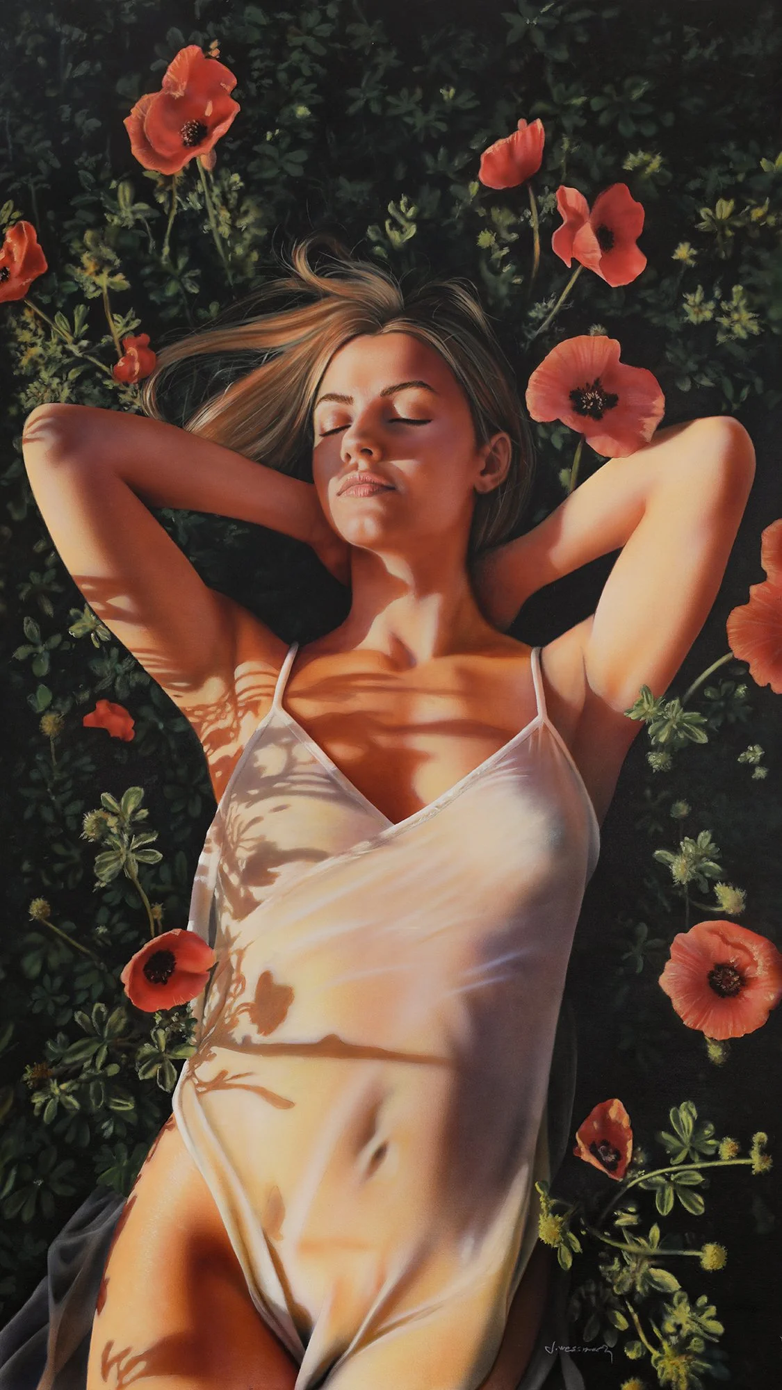 Mary by Johannes Wessmark, a woman in a pale dress lying among red poppies with her eyes closed and arms behind her head.