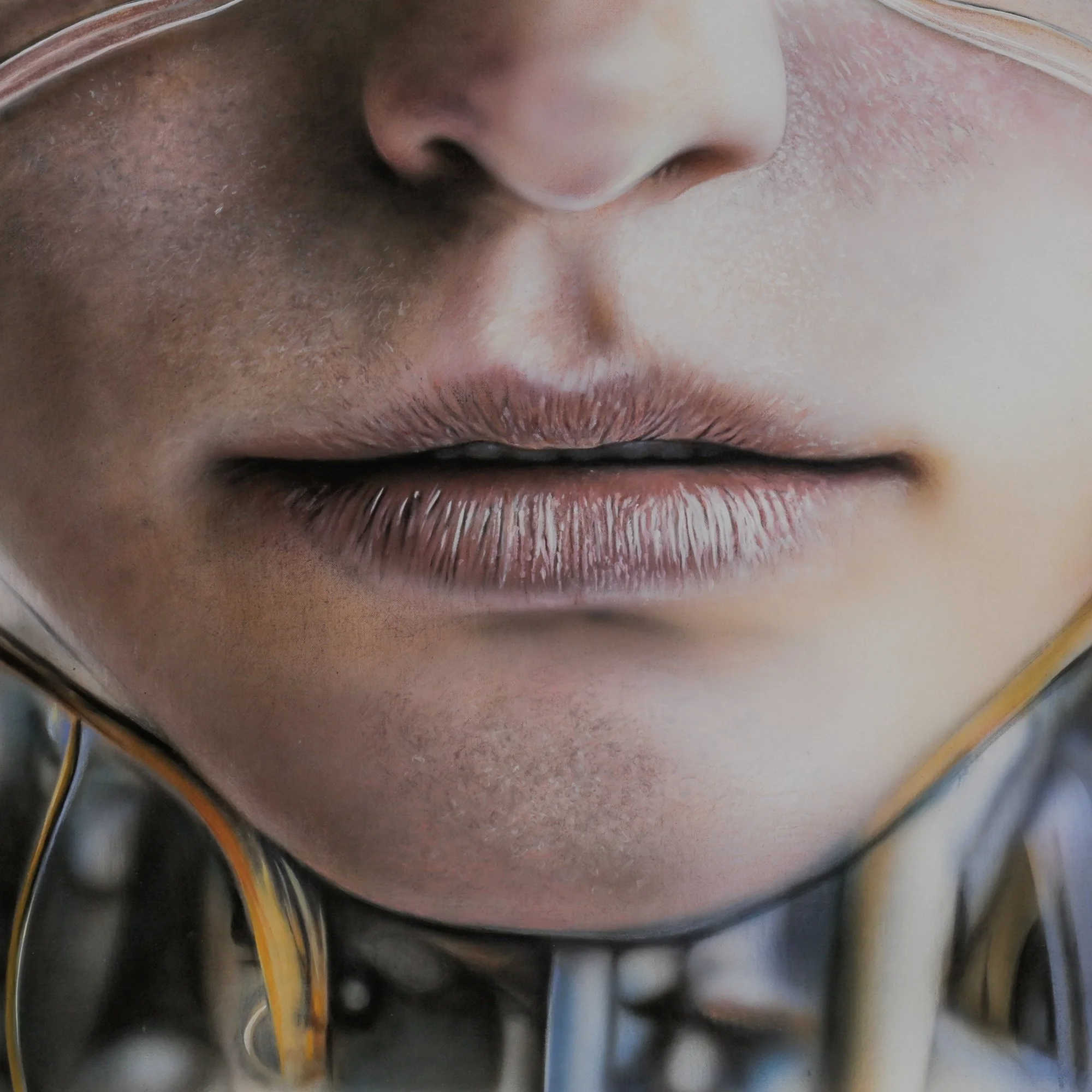 My New Glasses by Johannes Wessmark, a close-up portrait of a woman wearing transparent mechanical eyewear with metallic fittings.
