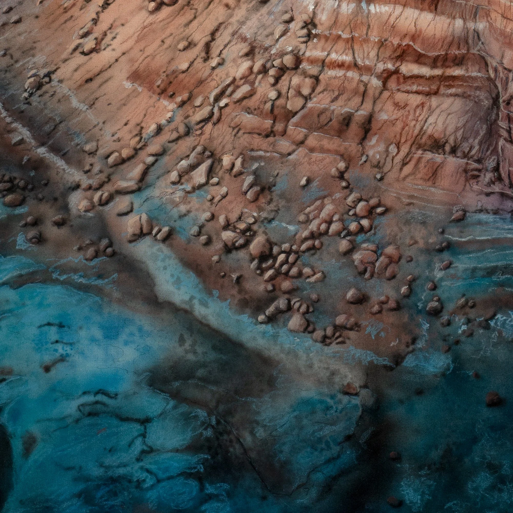 Badlands 1 by Johannes Wessmark, a flat-topped desert rock formation with layered orange cliffs and a long blue shadow.