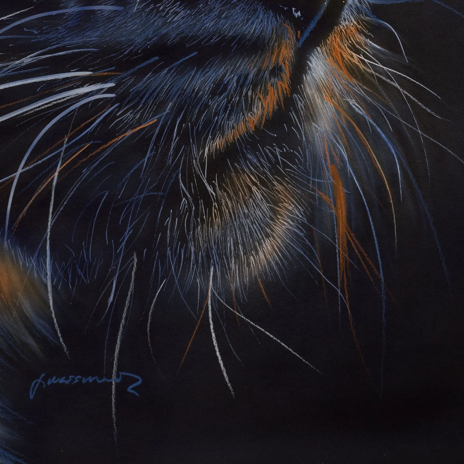 Silent Fire by Johannes Wessmark, a black panther portrait with amber eyes, faint spotted markings and blue highlights on dark fur.