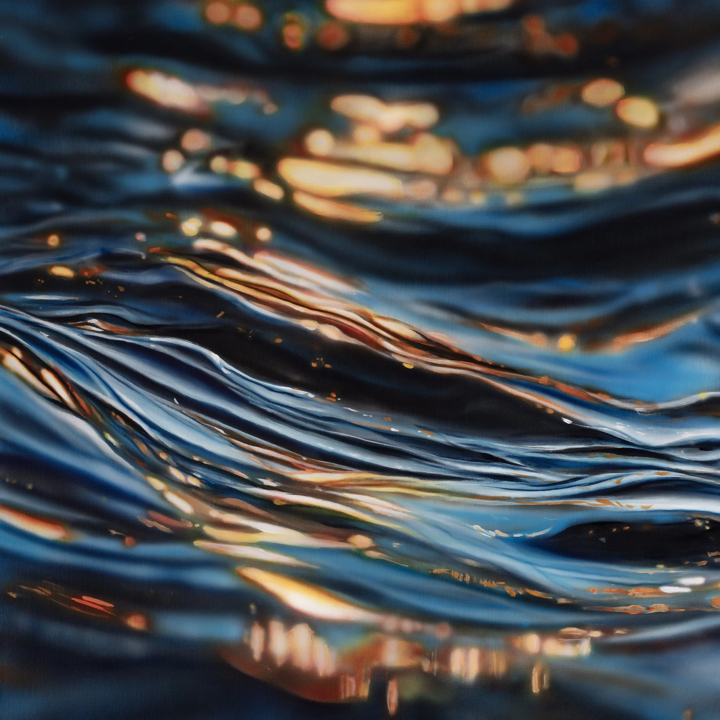 Liquid Nocturne I — Afterglow by Johannes Wessmark, a close view of dark blue water ripples carrying warm golden reflections.