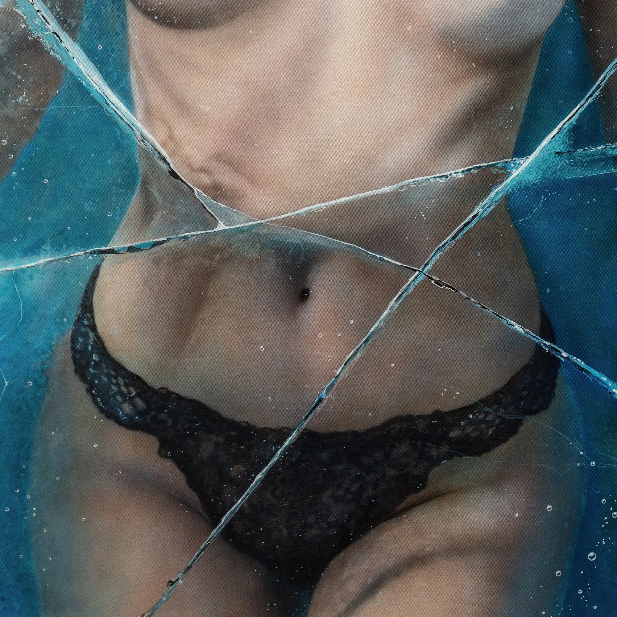 Waiting for Summer 2 by Johannes Wessmark, a hyperrealist painting of a reclining woman behind cracked blue ice.