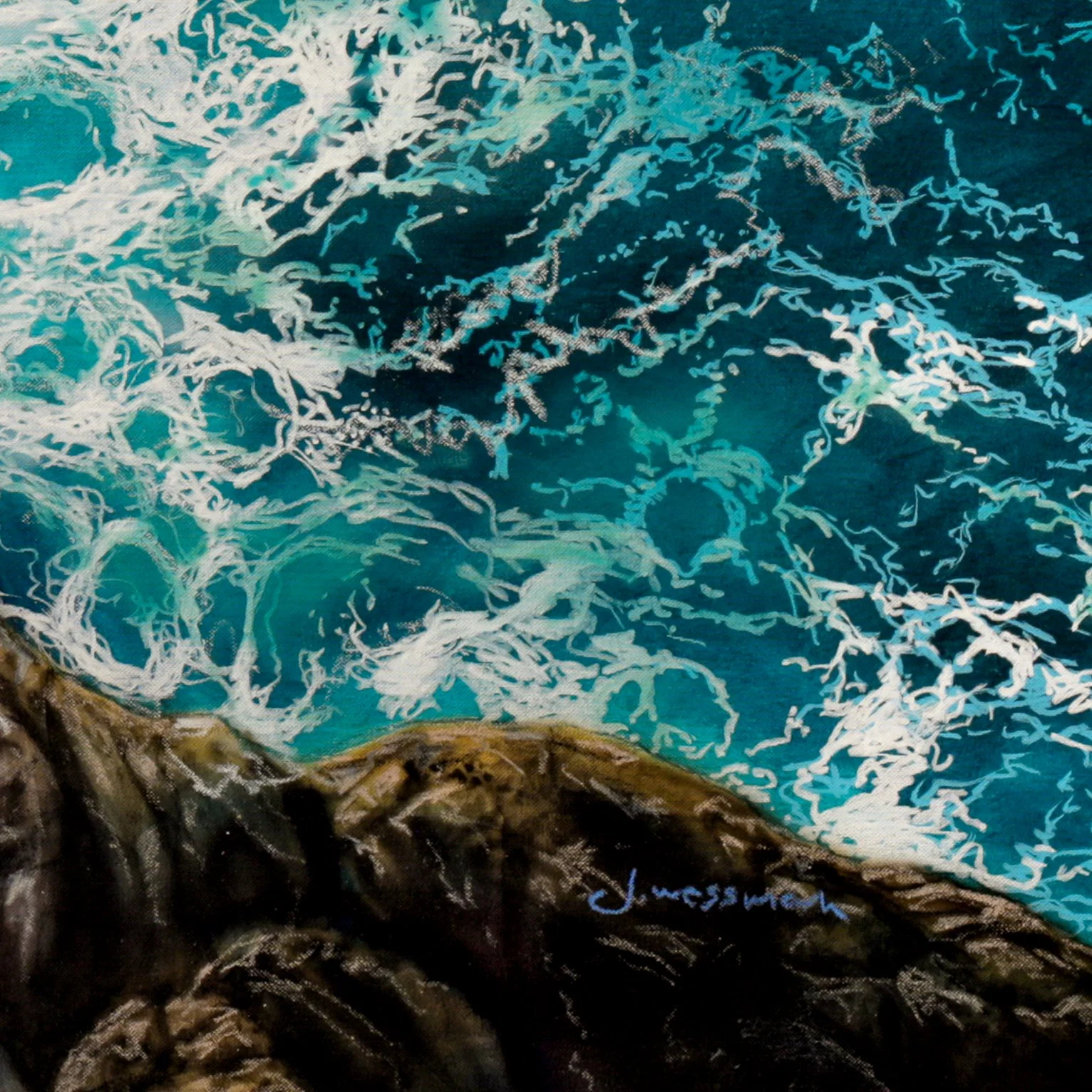 Meeting of Elements by Johannes Wessmark, an overhead coastal scene with white surf breaking around rugged rocks in turquoise water.