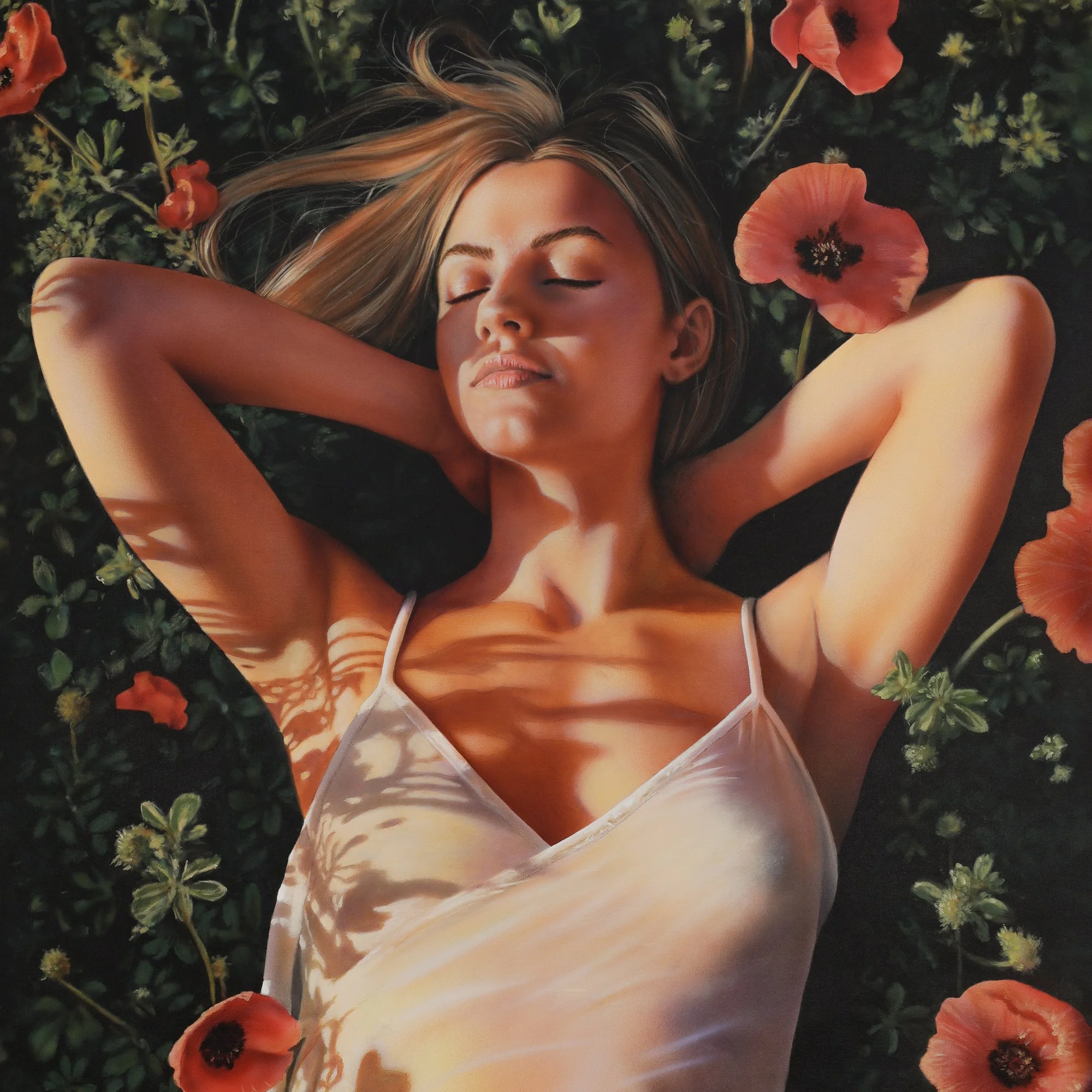 Mary by Johannes Wessmark, a woman in a pale dress lying among red poppies with her eyes closed and arms behind her head.