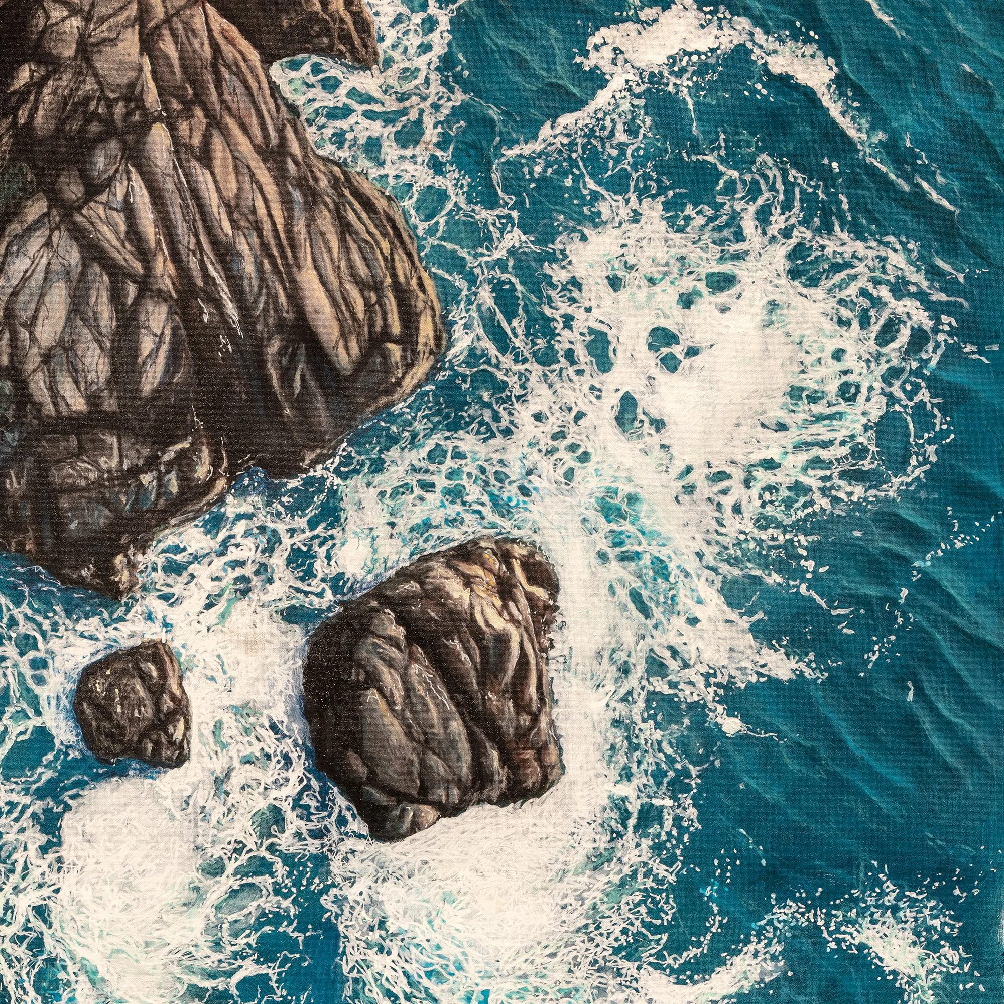 Coast Guard 1 by Johannes Wessmark, An X-Wing flying over turquoise sea beside a rocky coast and breaking white surf.