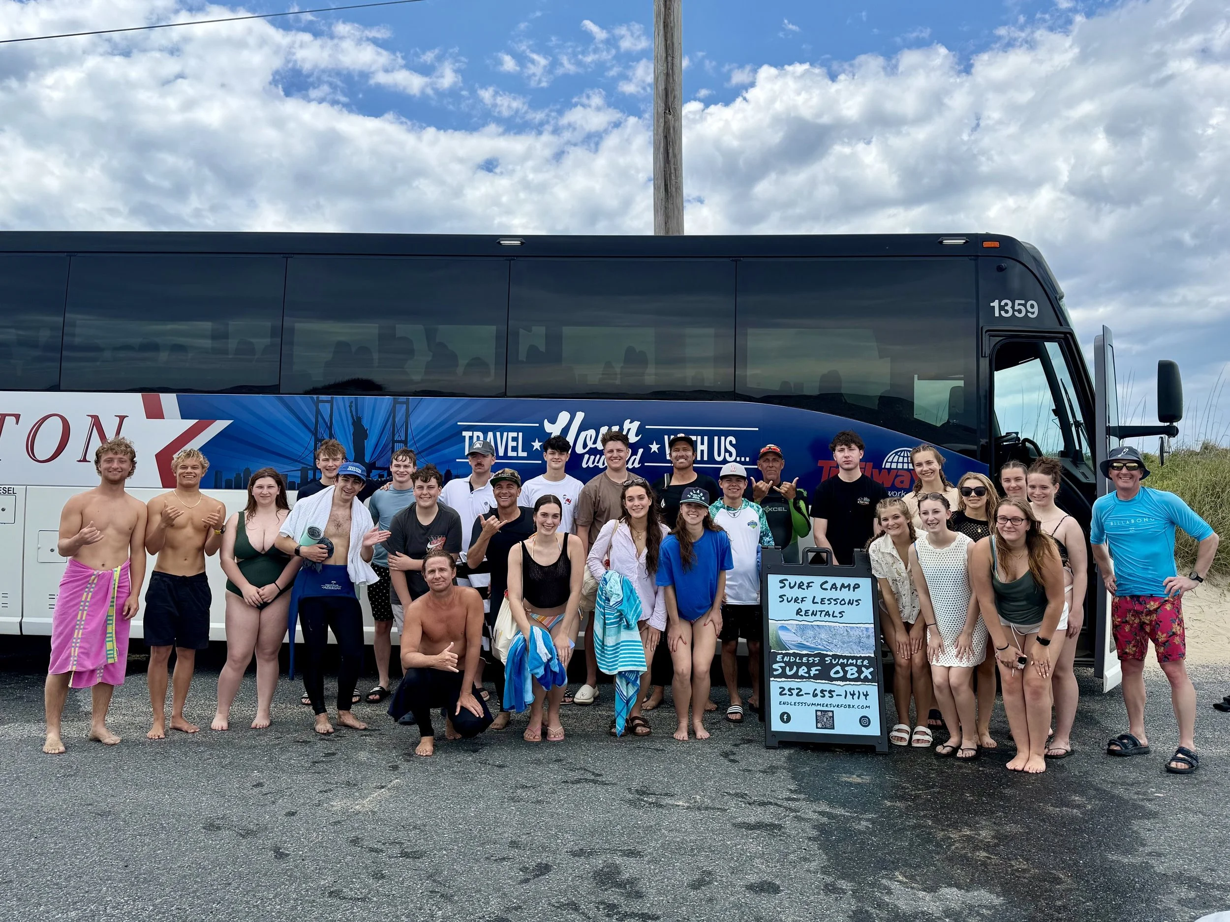 Private Large Group Surf Lesson with High School Group Visiting Outer Banks on a Tour Bus