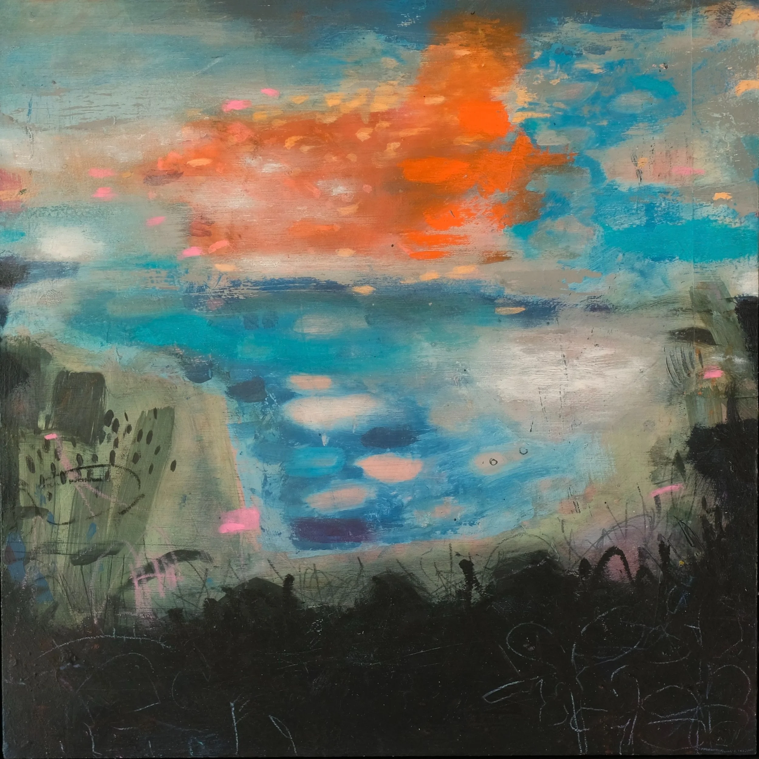 Orange Cloud Acrylic, Oil & Mixed Media on Wooden Board.

Image size 30 x 30 cm, Framed size 36 x 36 cm