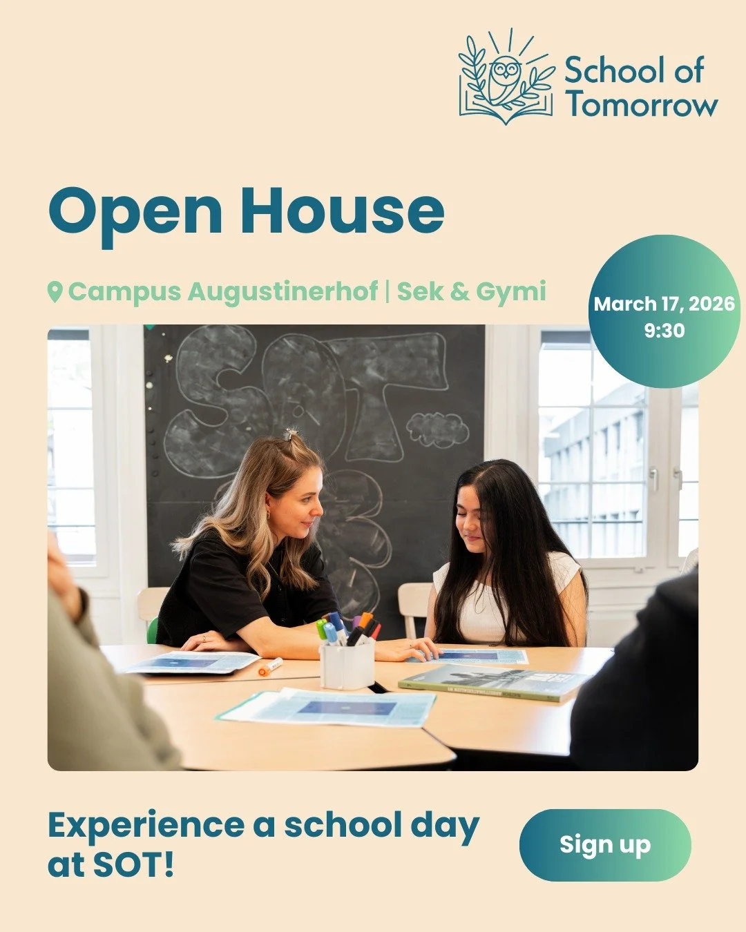 🎓 Experience a day in the life of a secondary school student at SOT! 
 
On March 17, we open the doors of our Campus Augustinerhof in the center of Zurich, dedicated to our Secondary School and Gymnasium programs. And you&rsquo;re warmly invited to 