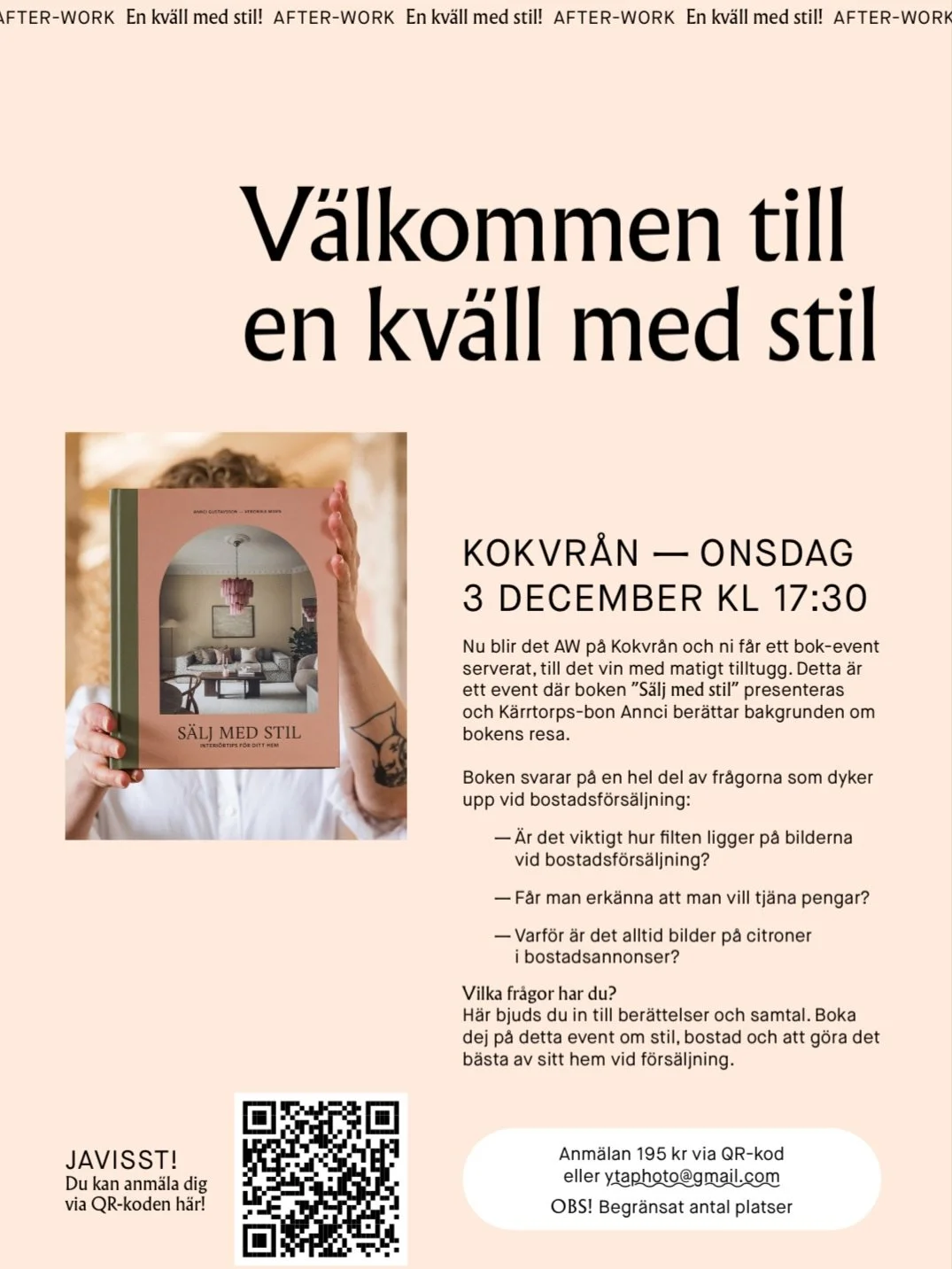 V&auml;lkomna till KOKVR&Aring;N och en kv&auml;ll med stil 💖
3/12 kl 17:30 Kokvr&aring;n K&auml;rrtorp

P&aring; Kokvr&aring;n den 3/12 f&aring;r ni ett event med boksamtal och till det serveras vin med matigt tilltugg.

Detta &auml;r ett event d&a