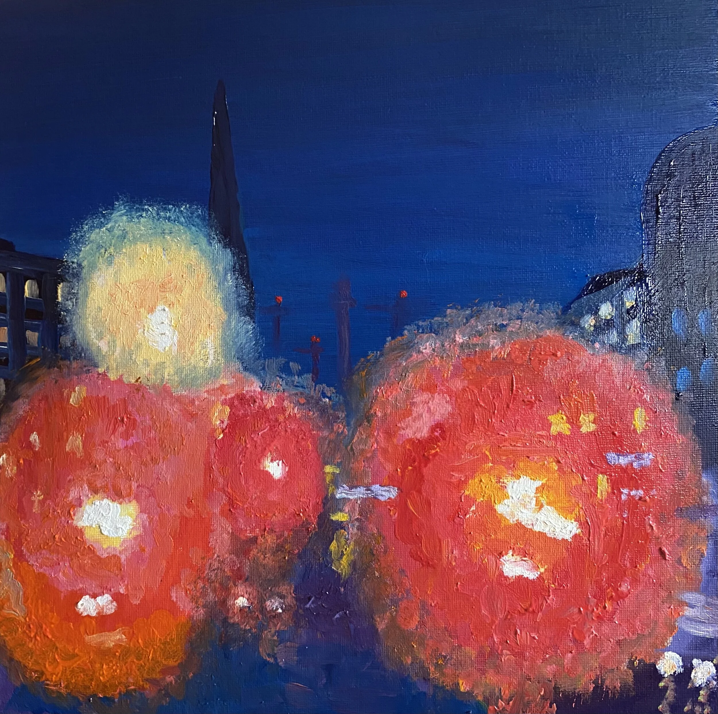 'Red lights from No. 11 Bus'.  St Andrew Square from George Street, Edinburgh. | Oil on board 30x30 cm | For sale £350