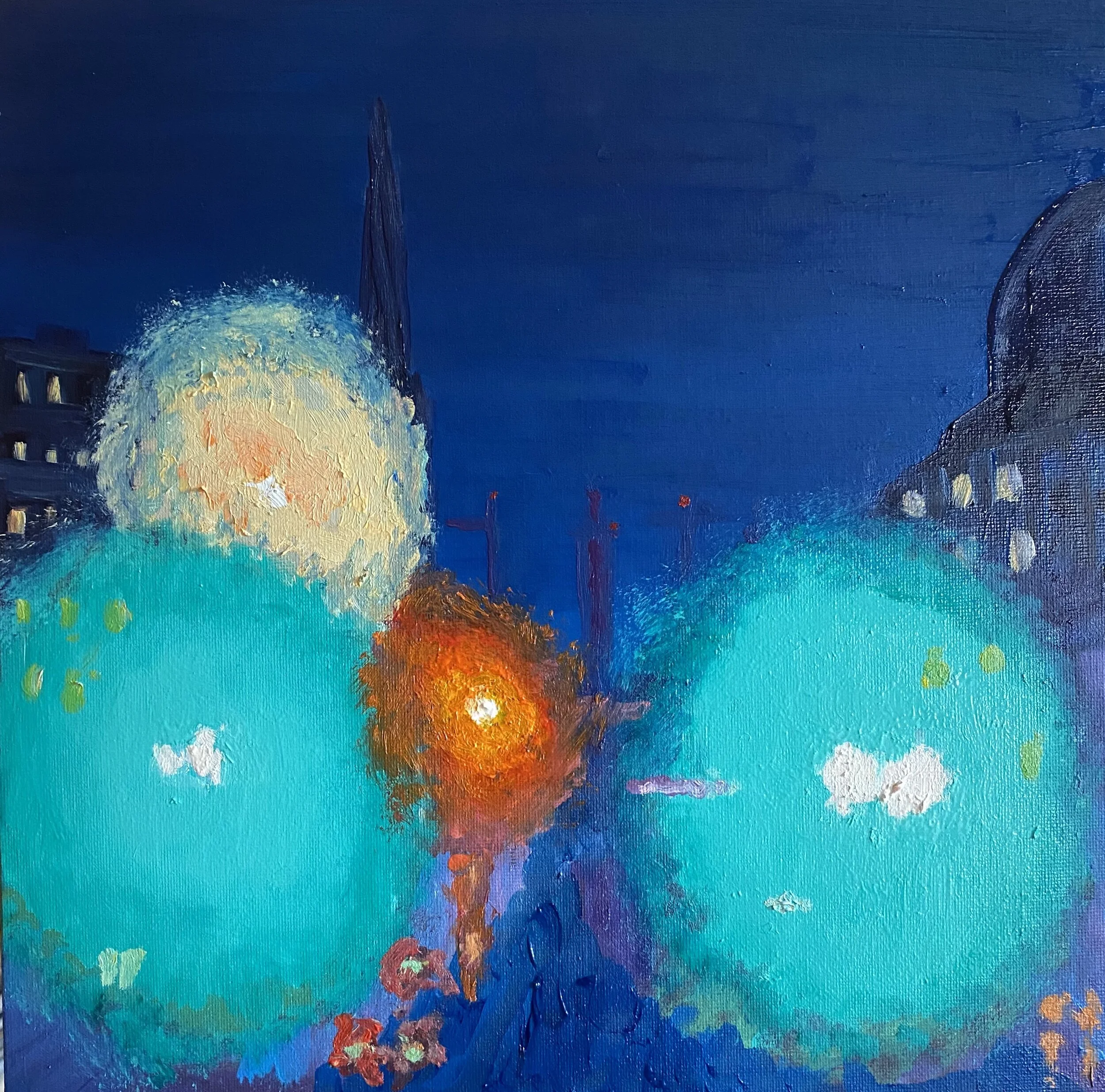 'Green lights from No. 11 Bus'.  St Andrew Square from George Street, Edinburgh | Oil on board 30x30 cm | For sale £350