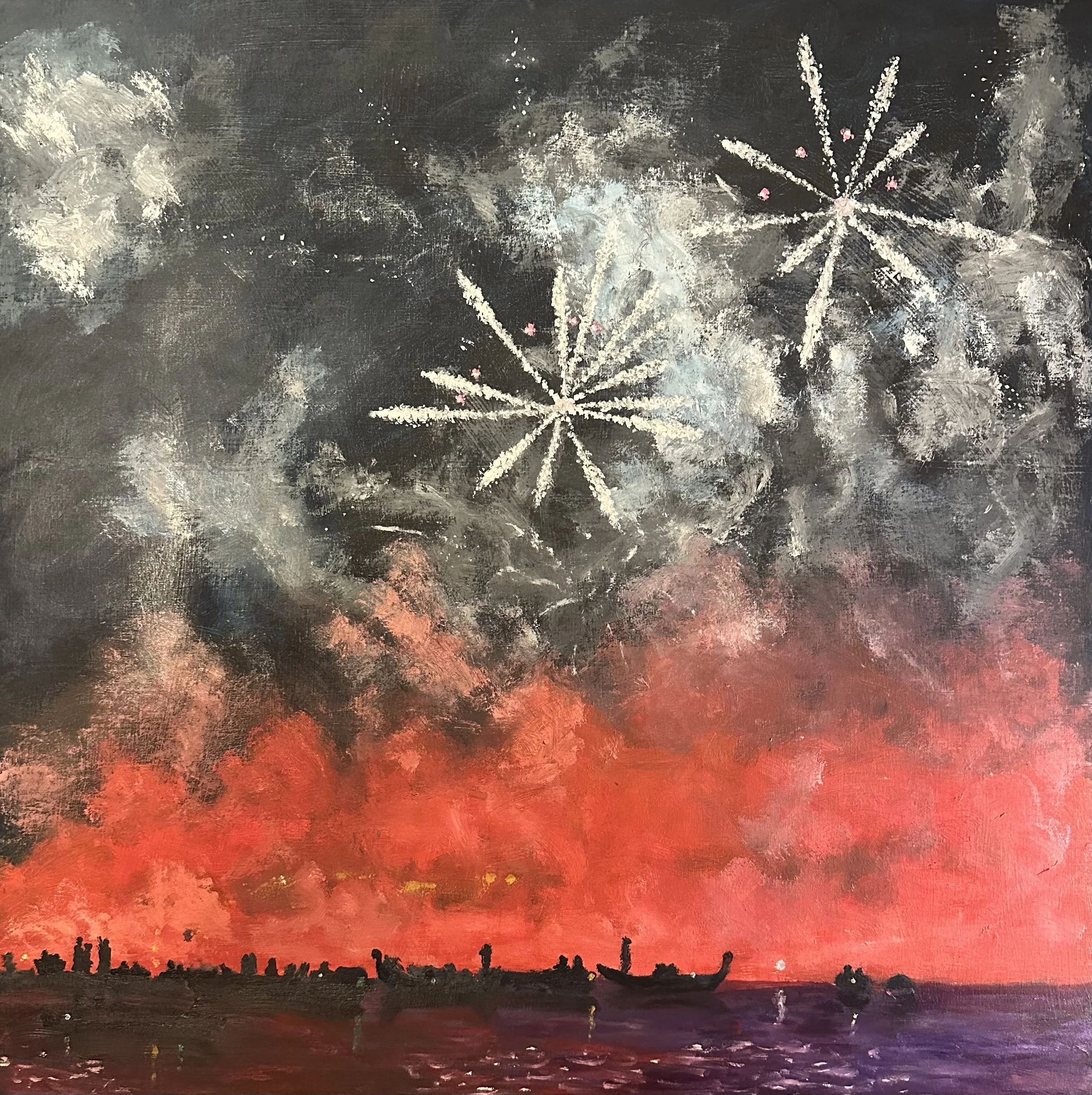 Venetian Fireworks 2025 | Oil on board | 70x70cm with gold frame, 61x61cm unframed | For sale £700
