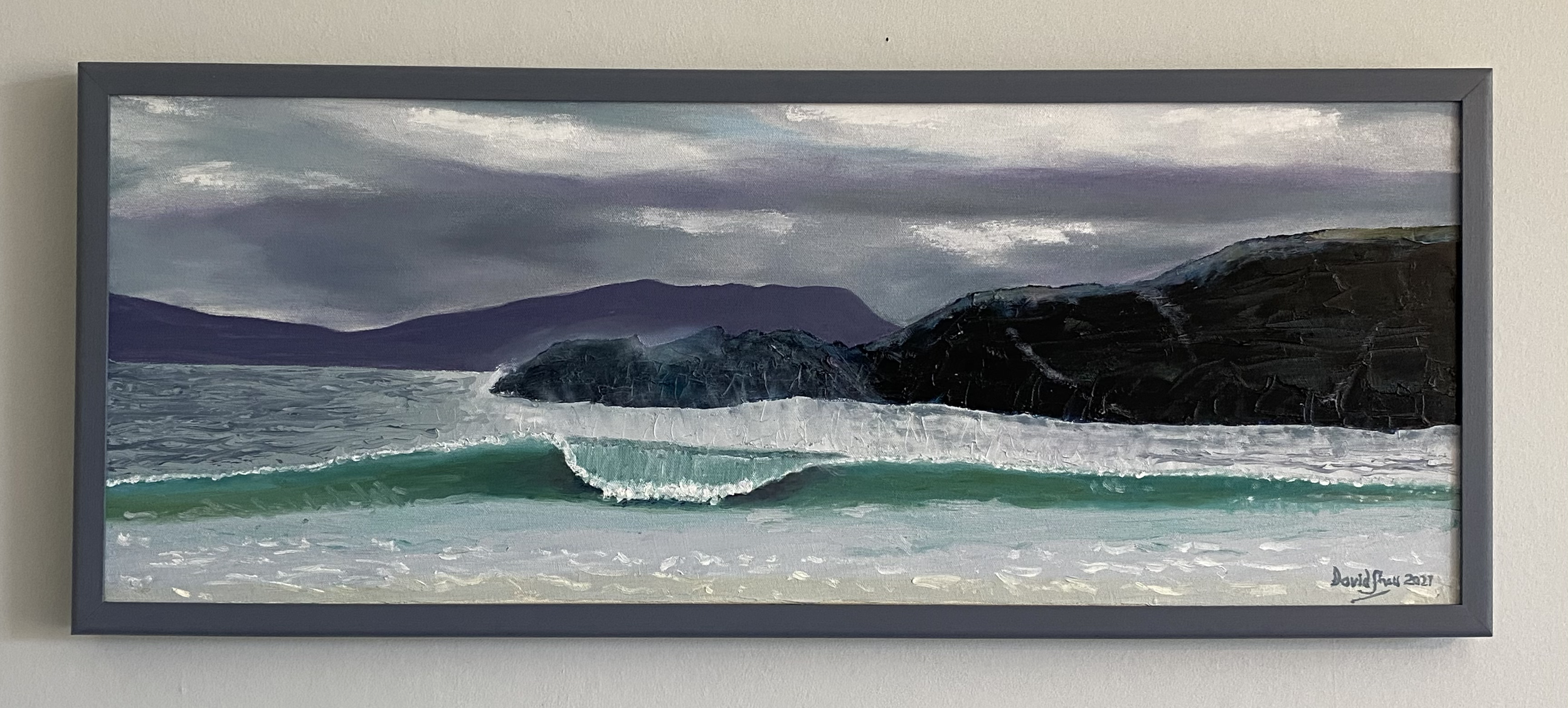 The Wave - Jura from Balnahard Beach, Colonsay | 83x33cm Framed | Oil on Canvas | For sale £500